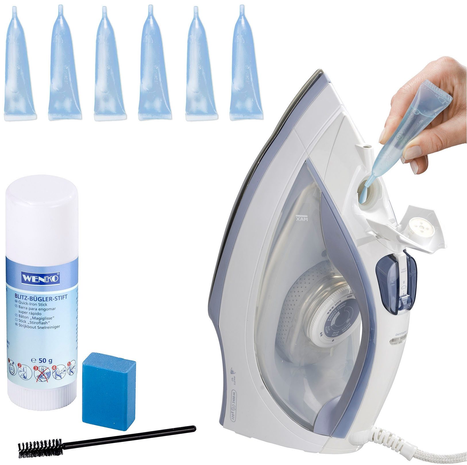 WENKO Reinigungs-Set Bügeleisenreinigungsset, (Set, 9-St), Radiergummi, Blitzbügler-Stift, Spezial-Bürste und Entkalker