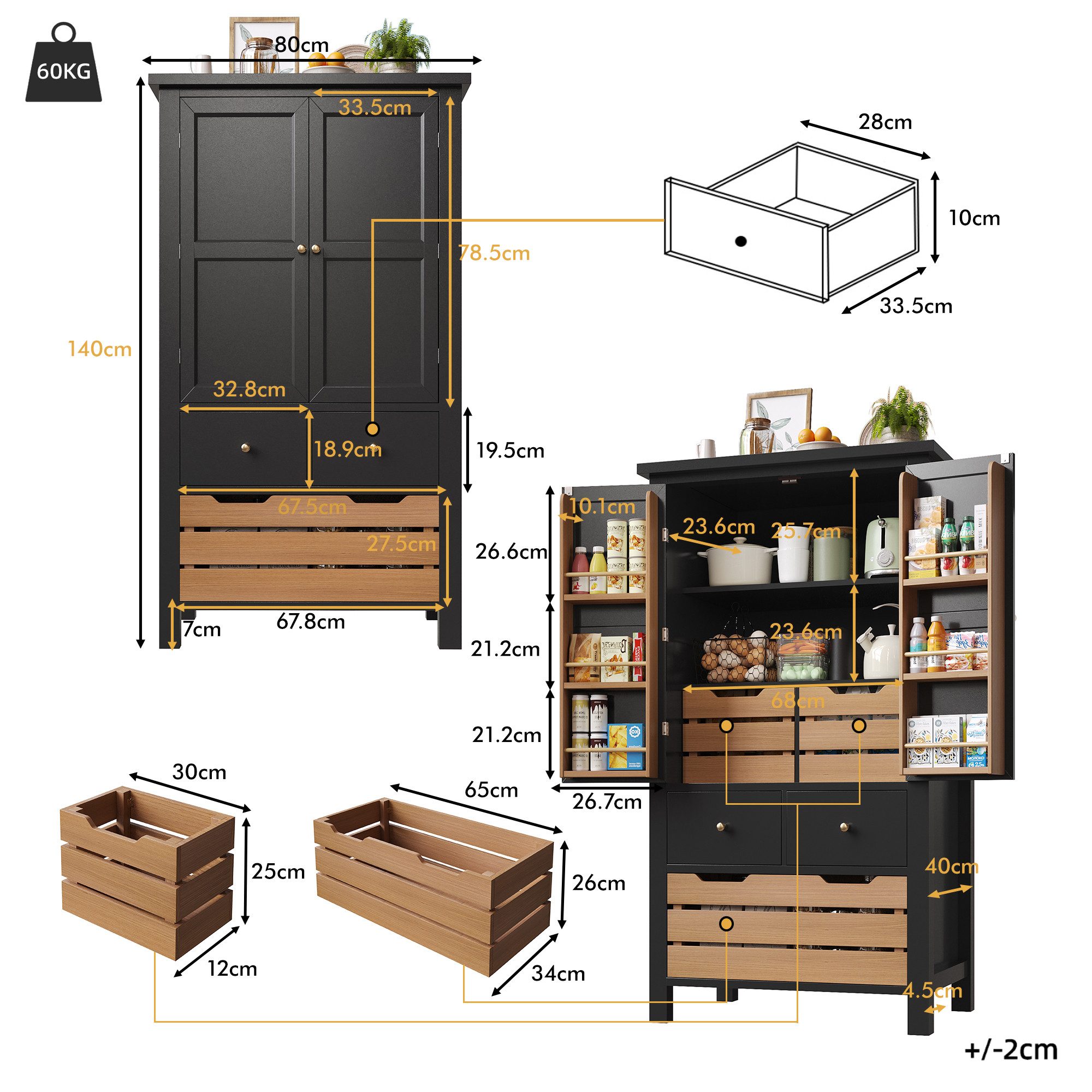 Flieks Küchenbuffet Mehrzweckschrank mit 5 Schubladen und 2 Türablagen (1-St., 80x40x140 cm) Hochschrank Küchenschrank mit Aufbewahrungskorb in Holzoptik – Bild 5 von 5