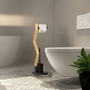 relaxdays Toilettenpapierhalter WC Garnitur in Grau & Holzoptik