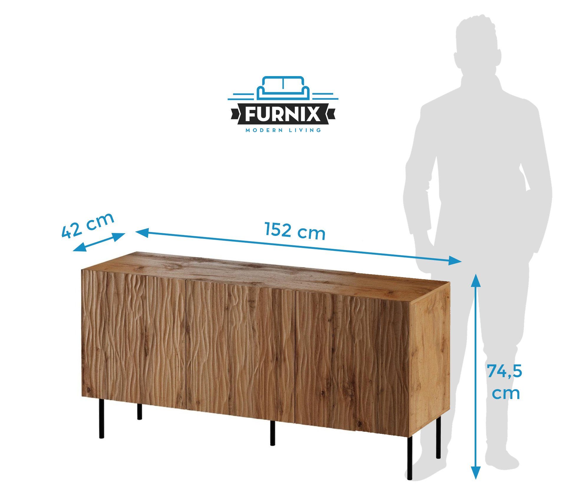 Furnix cm Sideboard Eiche mit Fronten, T42 x Kombikommode matt x Highboard gefrästen multifunktioneller GLEYA H74,5 Wotan B152 oder 190