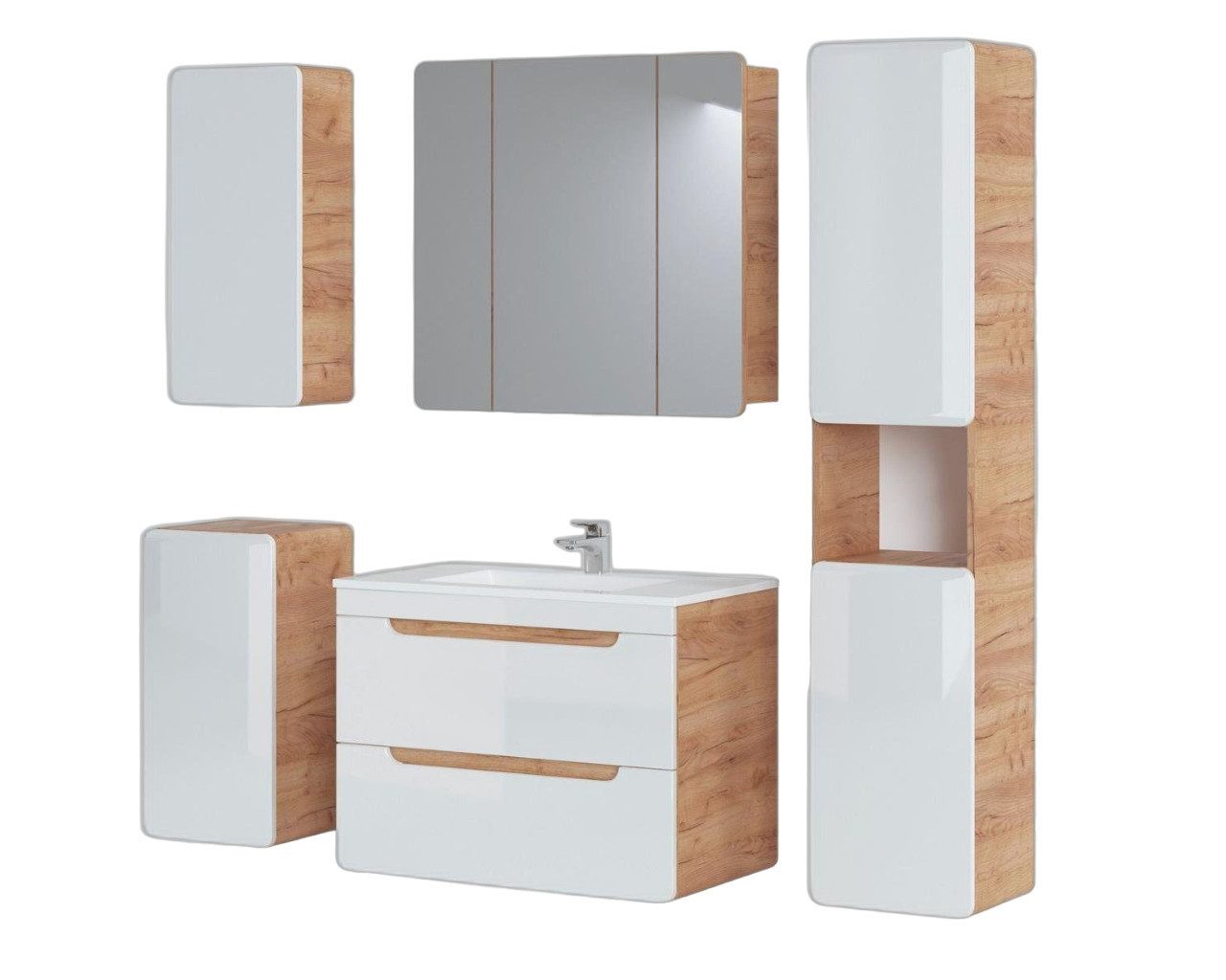Xlmoebel Badezimmer-Set Klassisches Badezimmermöbel mit Beleuchtung, Made in Italy, (5-St., Waschtisch + 3x Schränke + Spiegel), Hergestellt in Europa