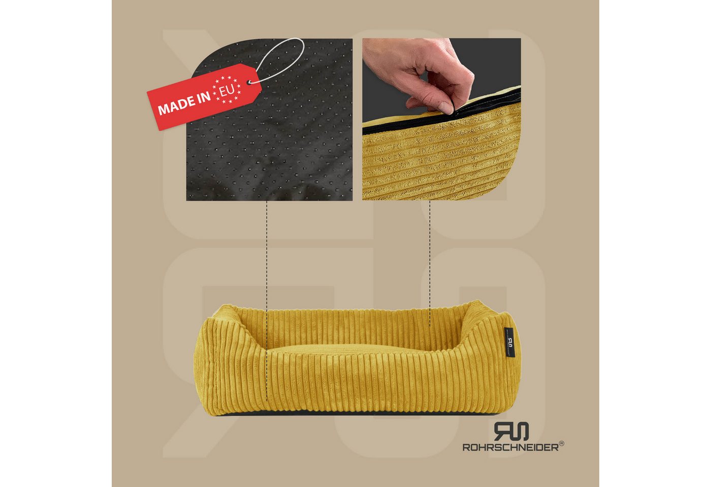 Thumbnail - Rohrschneider Tierbett Hundebett Cord für kleine Hunde mit waschbarem Bezug inkl. Futternapf, antiruschbeschichtete Unte...
