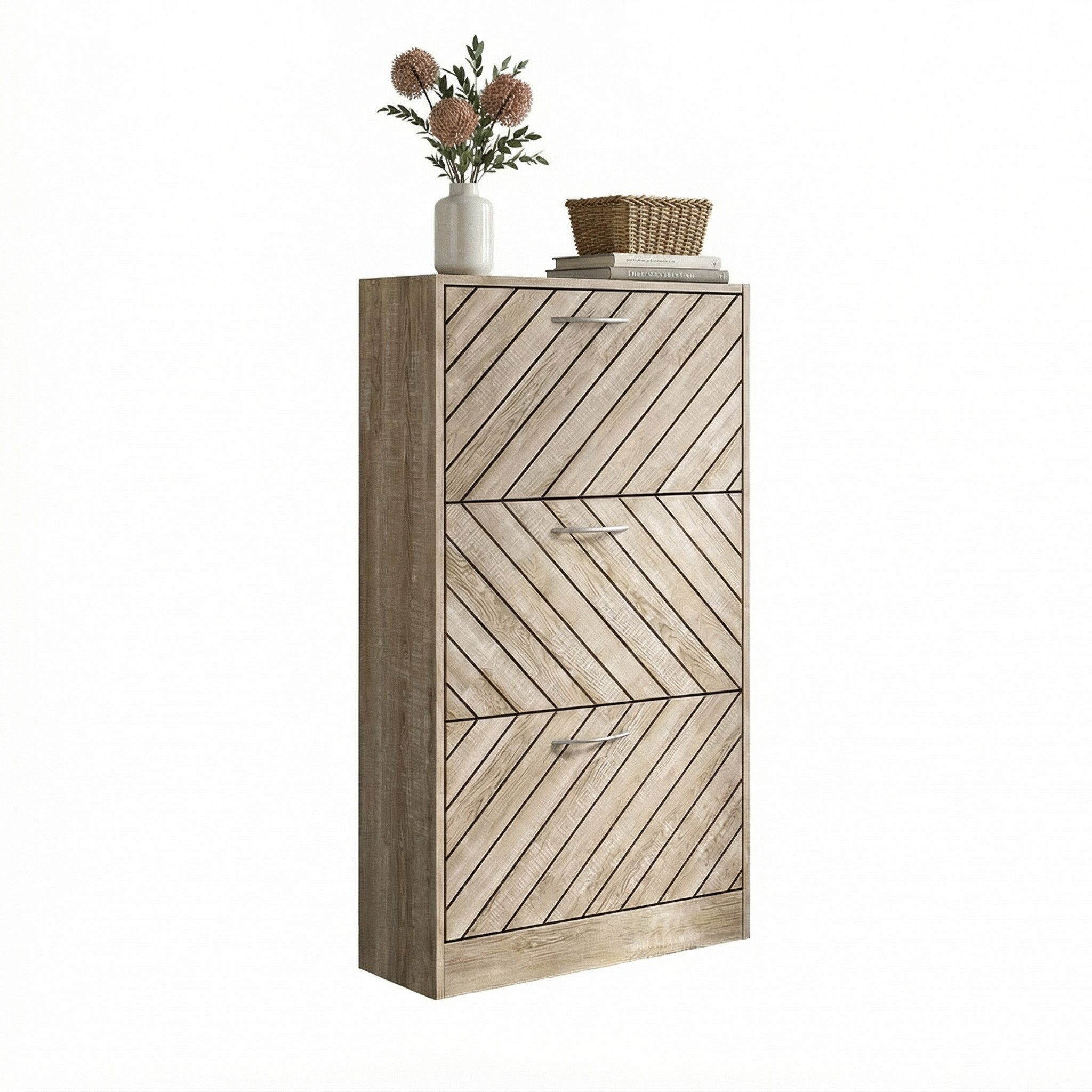 FUFU&GAGA Schuhschrank Schmaler Schuhkipper in Eichenoptik, 3 Fächer, MDF, 57×24×107,4 cm