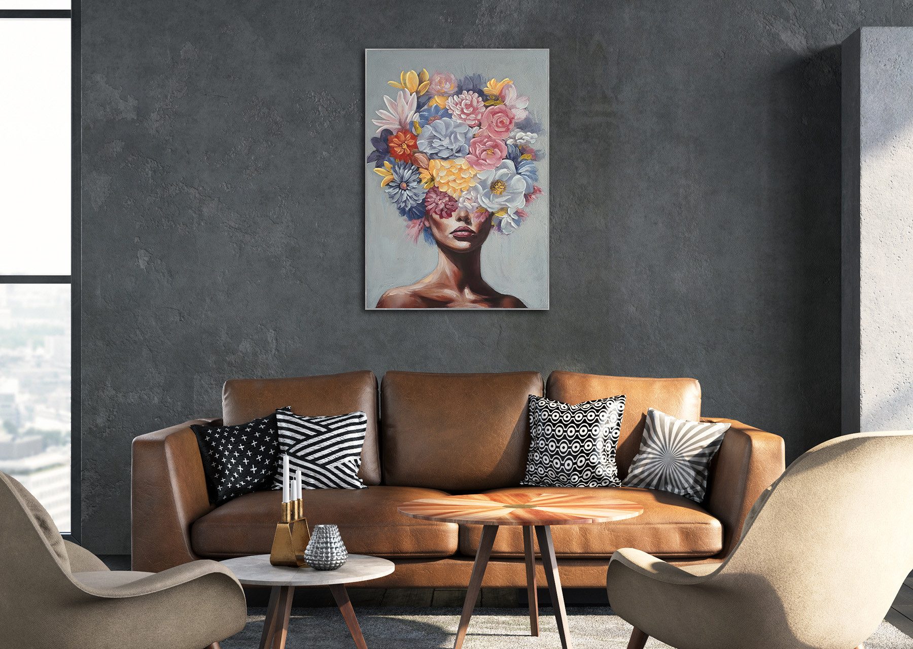 Bönninghoff Ölgemälde handarbeit gerahmt FRAU MIT BLUMEN 60x90 cm – Wandbild Deko, Blumen, Frau, Portrait (1 St), handgefertigt, jedes Bild ein Unikat, Schatten – Bild 4 von 5