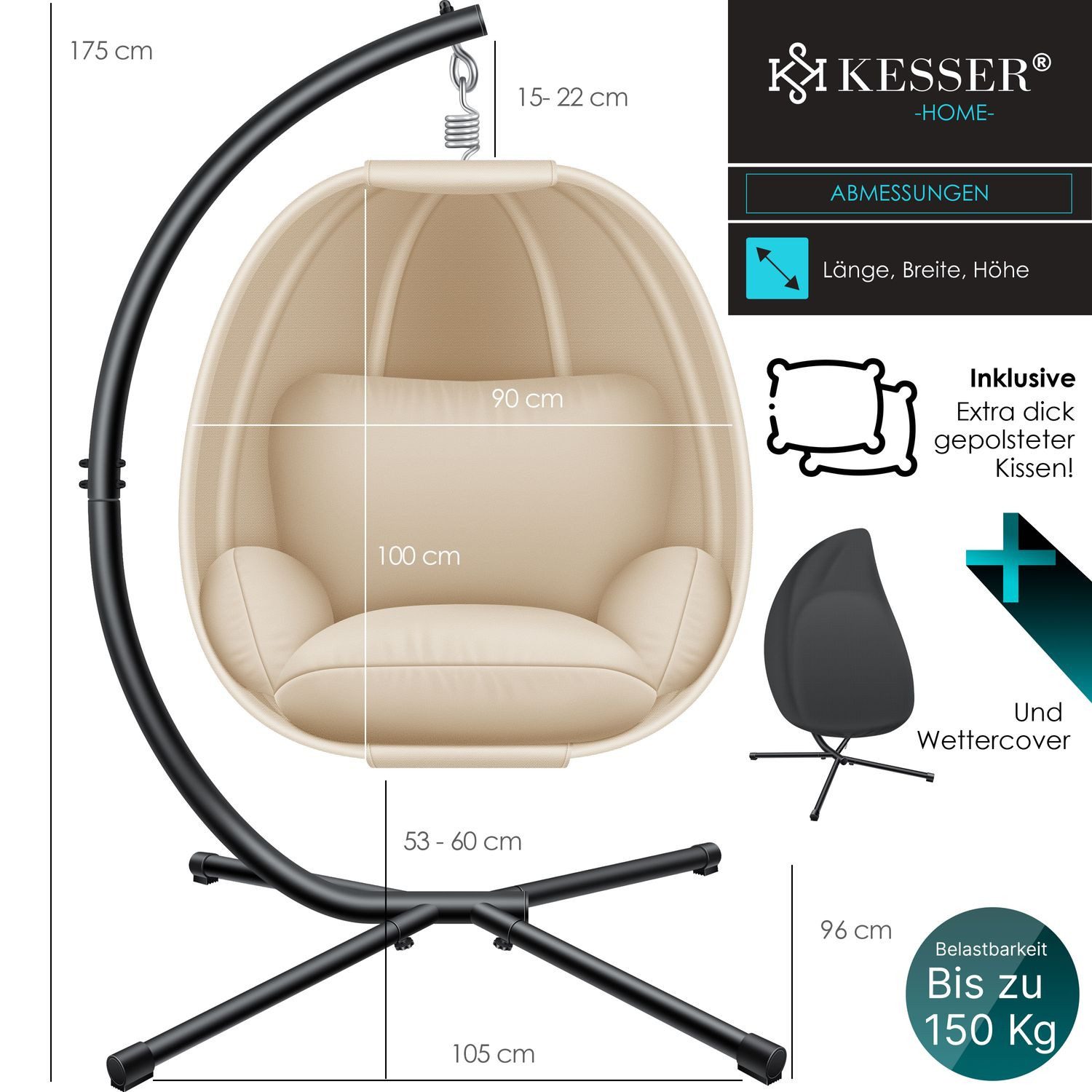 KESSER Hängesessel, Luxe Hängesessel mit Gestell weicher Sitzkissen