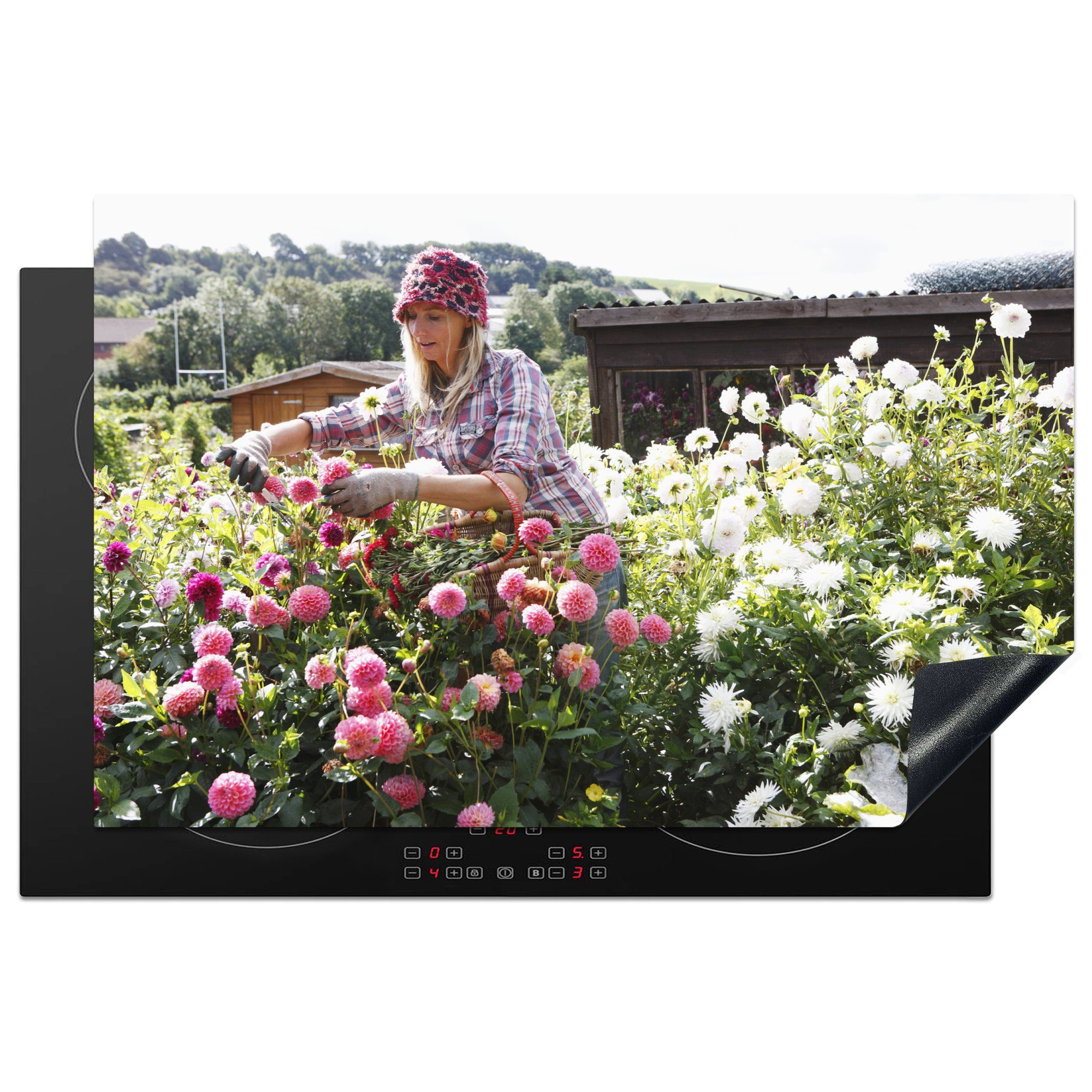 MuchoWow Herdblende-/Abdeckplatte Garten - Blumen - Frau, Vinyl, (1 tlg), 81x52 cm, Induktionskochfeld Schutz für die küche, Ceranfeldabdeckung