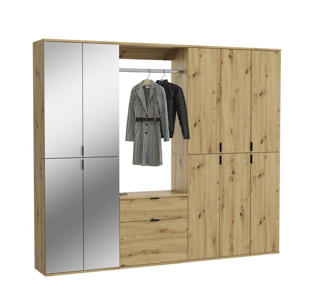 xonox.home Garderoben-Set Garderoben Set Projekt X 2, Artisan Eiche / Spiegeltüren, 4-teilig, (4-St), Kompaktgarderobe
