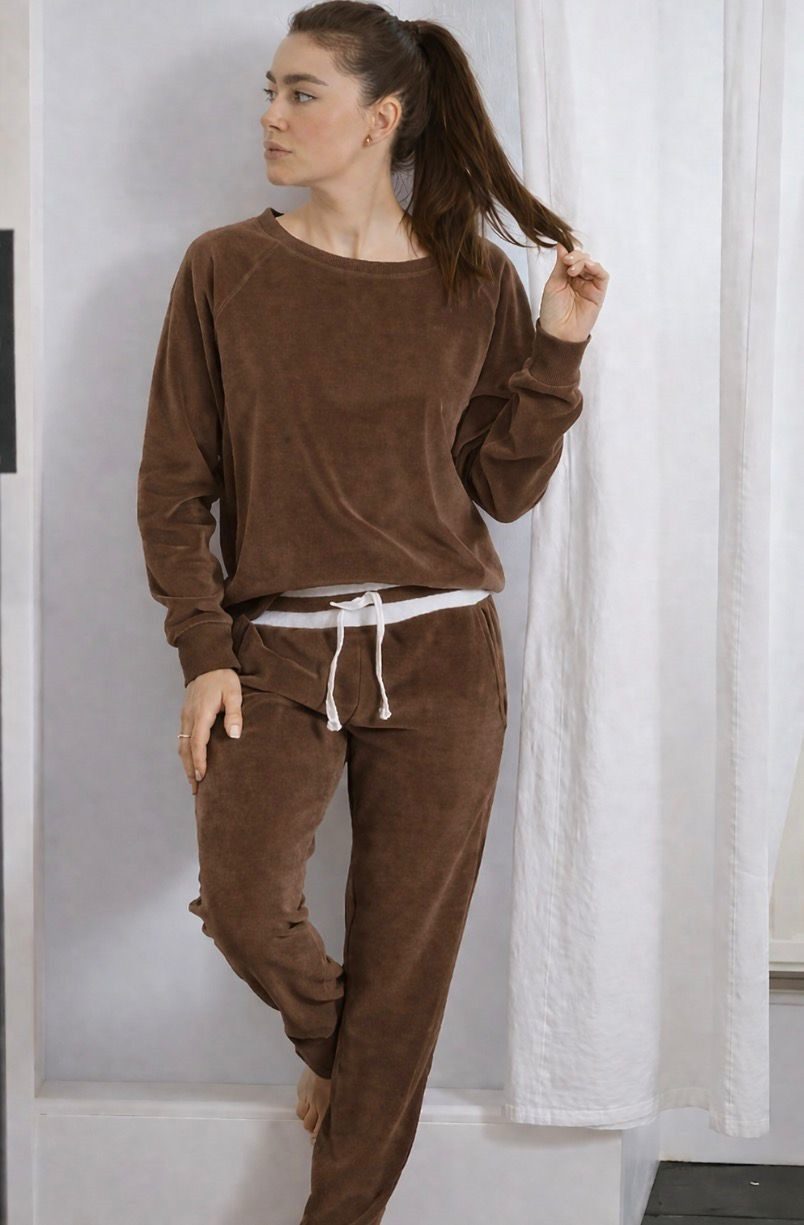 Louis & Louisa Homewearhose Hose Nicky braun mit gestreiftem Bund und Kordel