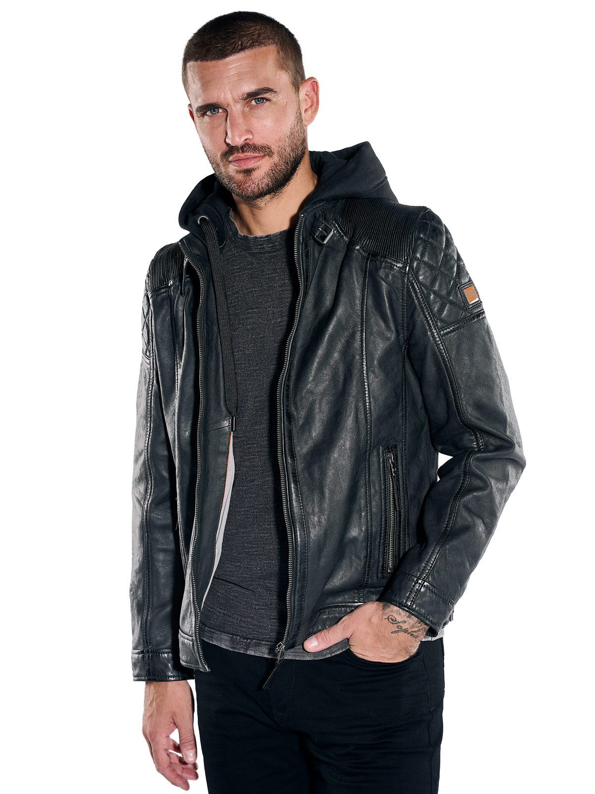 emilio adani Lederjacke Herren Lederjacke mit herausnehmbarer Kapuze, Schwarz
