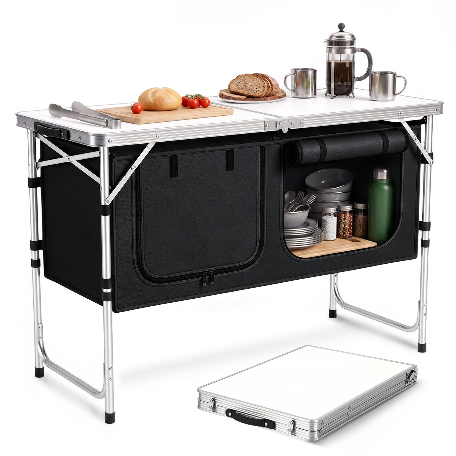 Sekey Campingtisch 120 cm Faltbar Campingtisch Höhenverstellbar Campingschrank Klappbar, Outdoor Campingküche mit Stauraum, inkl.Tragetasche 120 x 47 x 54–70cm