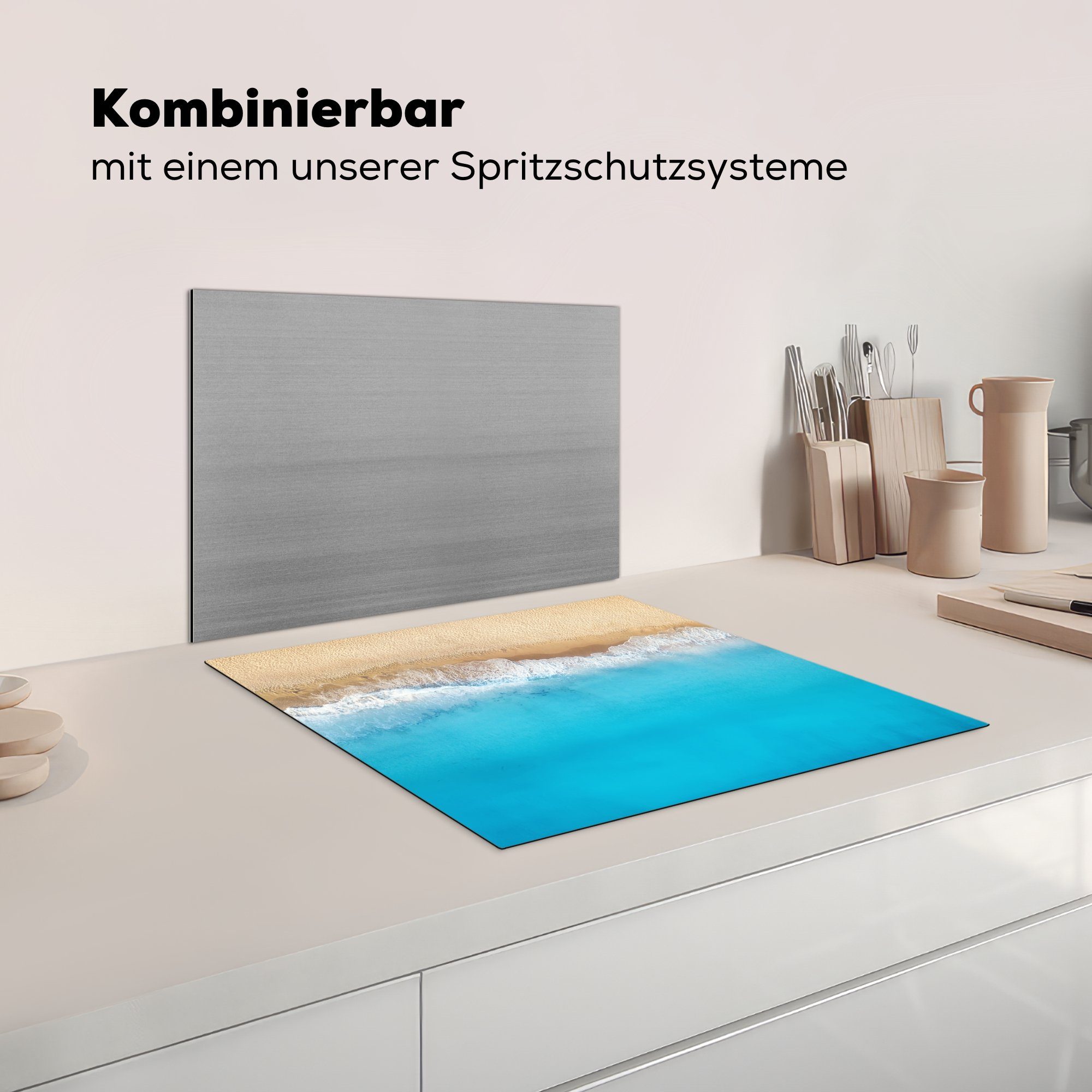 Vinyl, Wasser (1 tlg), - 59x51 Induktionskochfeld, Ceranfeldabdeckung Blau, Induktionsschutz, cm, Strand Herdblende-/Abdeckplatte MuchoWow -