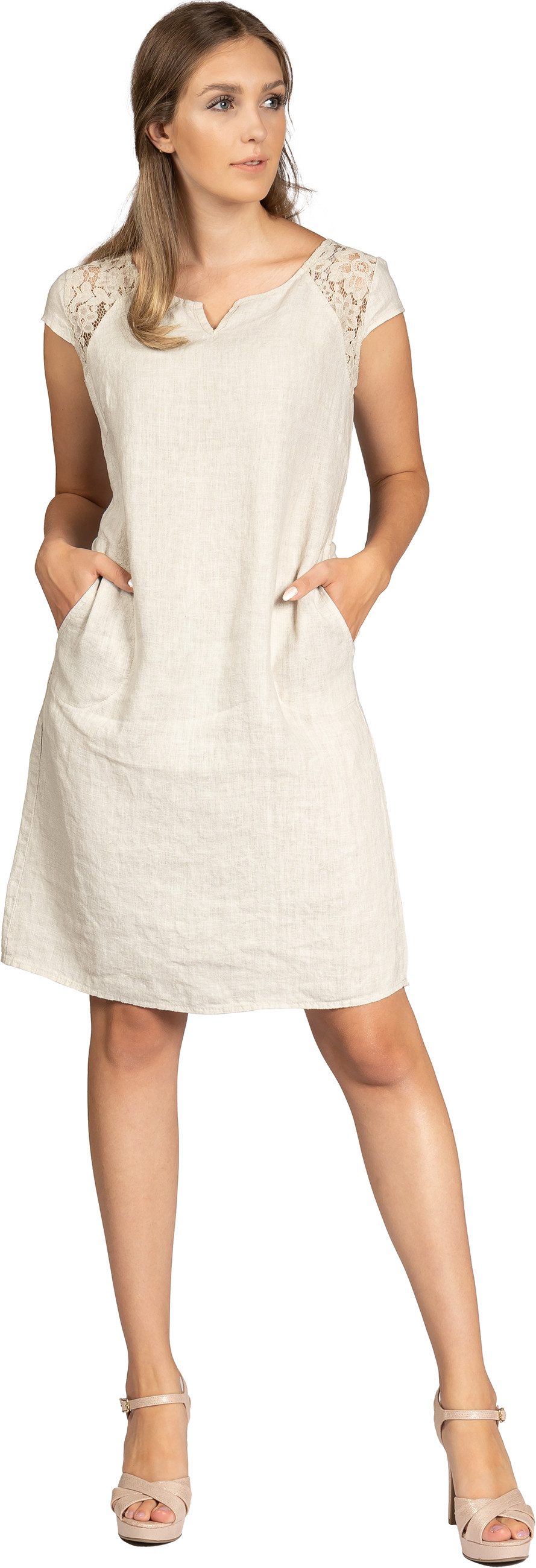Caspar Sommerkleid SKL042 Damen Sommer Leinenkleid mit dezentem Spitzeneinsatz Luftig leicht, figurumspielende Form, mit seitlichem Jersey-Einsatz