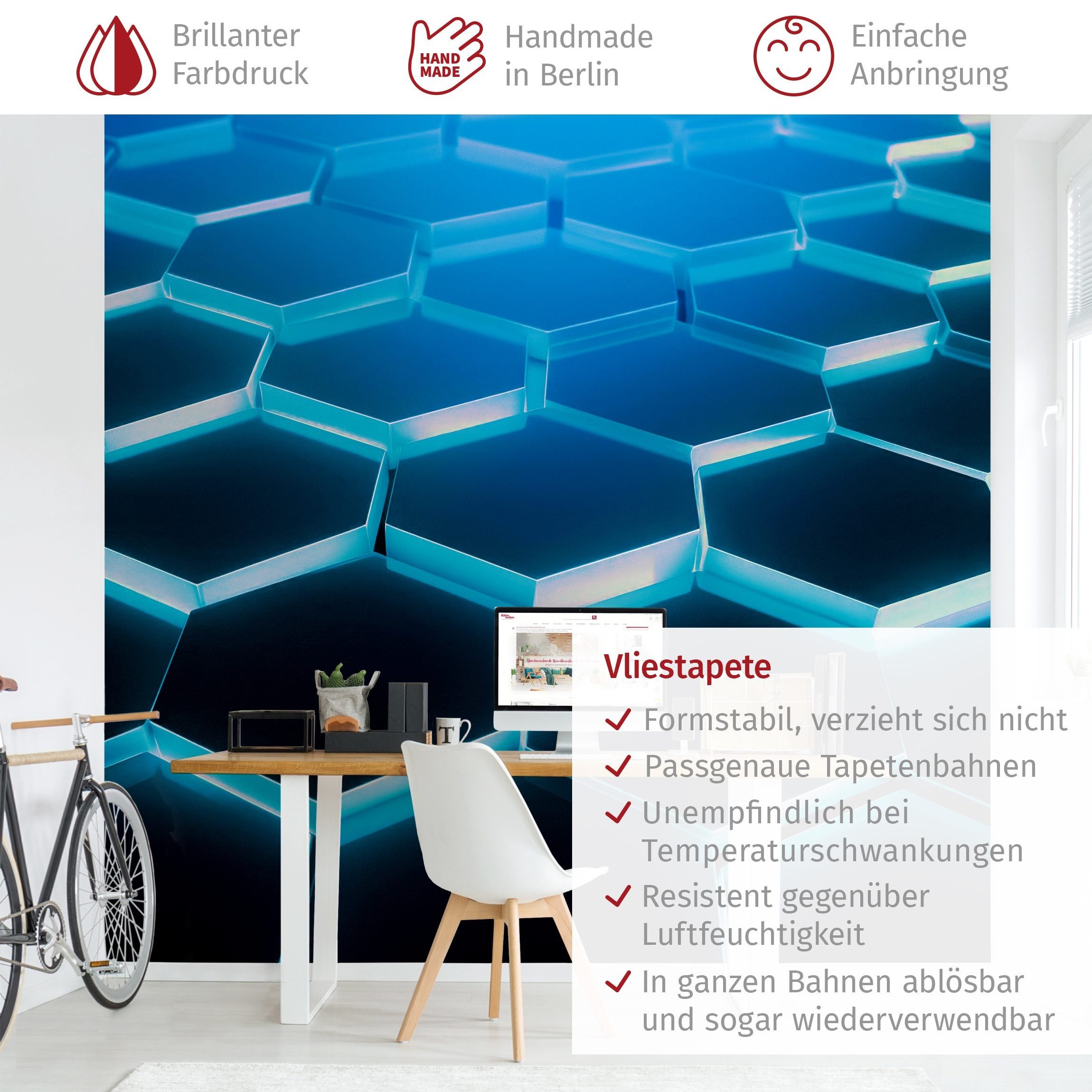 Bilderdepot24 3D-Tapete Hexagone Neonlicht Türkis 3D-Effekt, Glatt, Matt, (Vliestapete inkl. Kleister oder selbstklebend), Jugendzimmer Gaming Zimmer Tapete Wohnzimmer Vliestapete Wandtapete