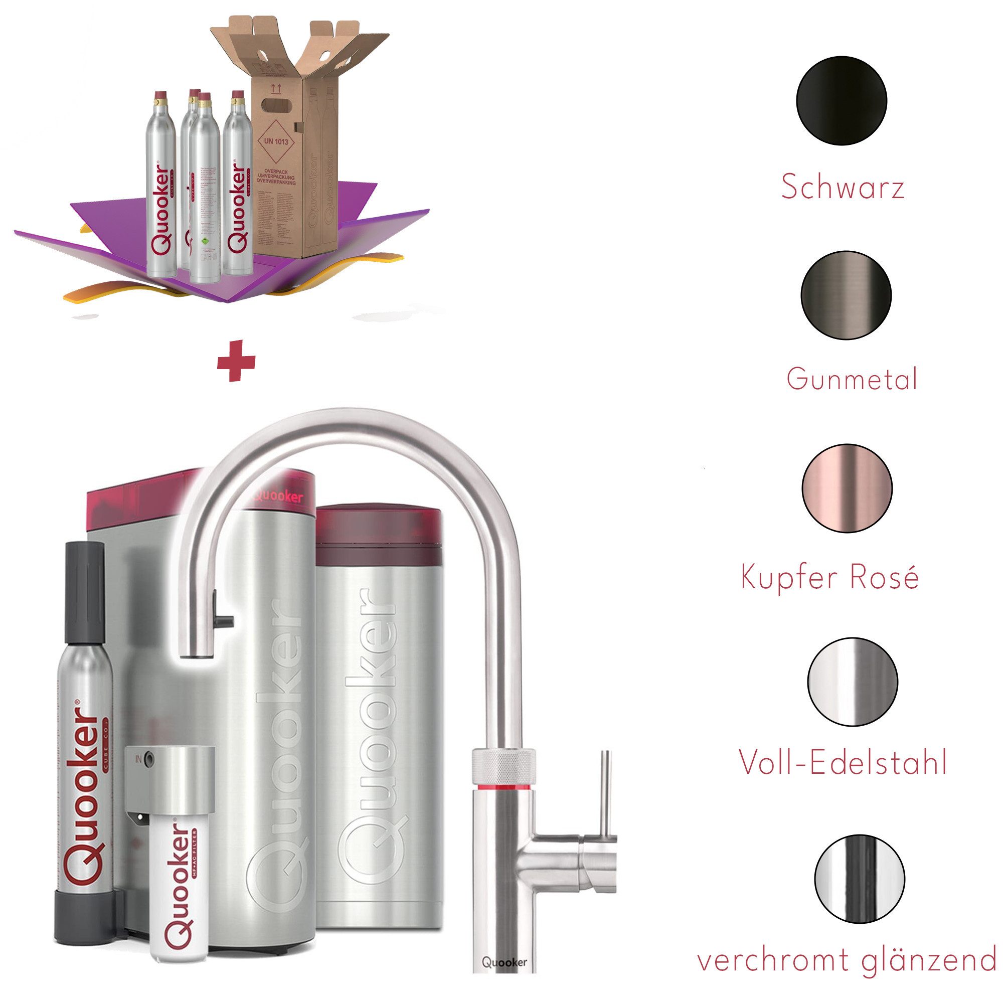 QUOOKER Küchenarmatur Quooker PRO3 & CUBE, Flex inkl. Cube-Filter (4x CO₂ gratis) (Spar-Set, Armatur mit PRO3 und CUBE für kochendes, gekühltes, sprudelndes Wasser) Kochendwasser, Sprudel, stilles wasser, Kindersicherung, Flexschlauch