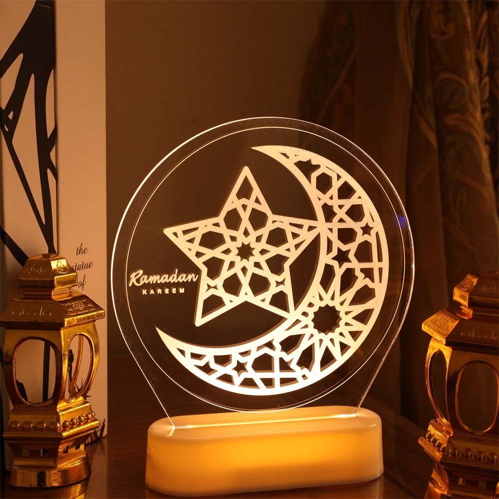 Sunicol LED Dekolicht Ramadan Eid Mubarak LED Nachtlichter, 3D-Illusion, Batteriebetrieben, Warmweiß, Festival Licht, Mond Sterne
