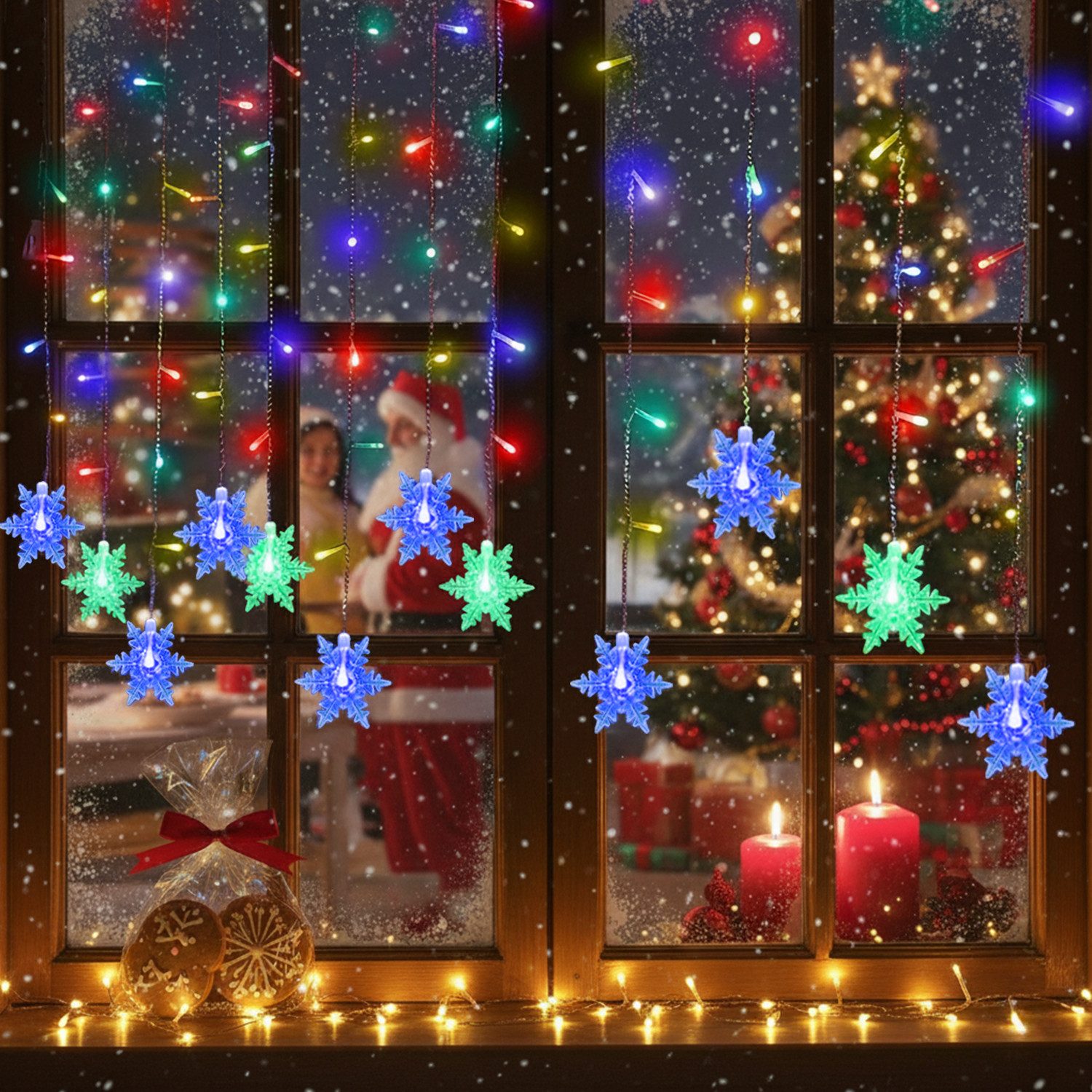 Merry 2024 Lichternetz LED Lichterkette Lichtervorhang,1.8M 96 LEDS Schneeflocke Fenster, Weihnachtsdeko,LED Vorhang Licht für Innen Außen Fensterdeko Halloween