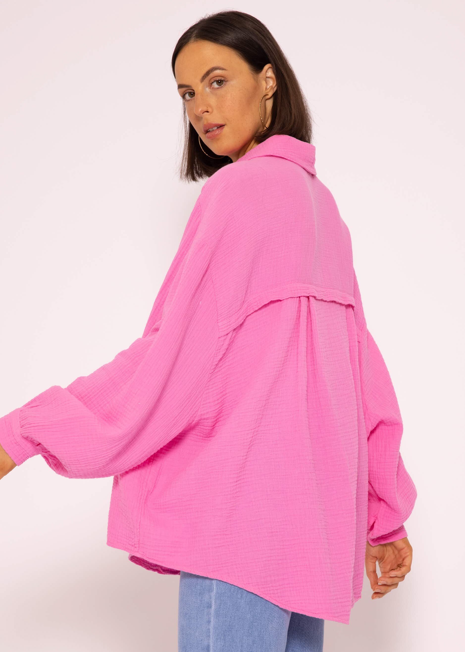 Size aus mit (Gr. Bluse Oversize Baumwolle Damen One Pink lang Longbluse Hemdbluse Musselin V-Ausschnitt, SASSYCLASSY Langarm 36-48)