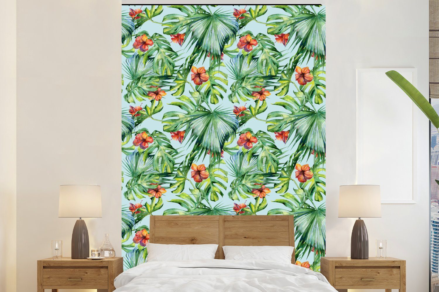 MuchoWow Fototapete Blumen - Muster - Monstera, Matt, bedruckt, (3 St), Montagefertig Vinyl Tapete für Wohnzimmer, Wandtapete