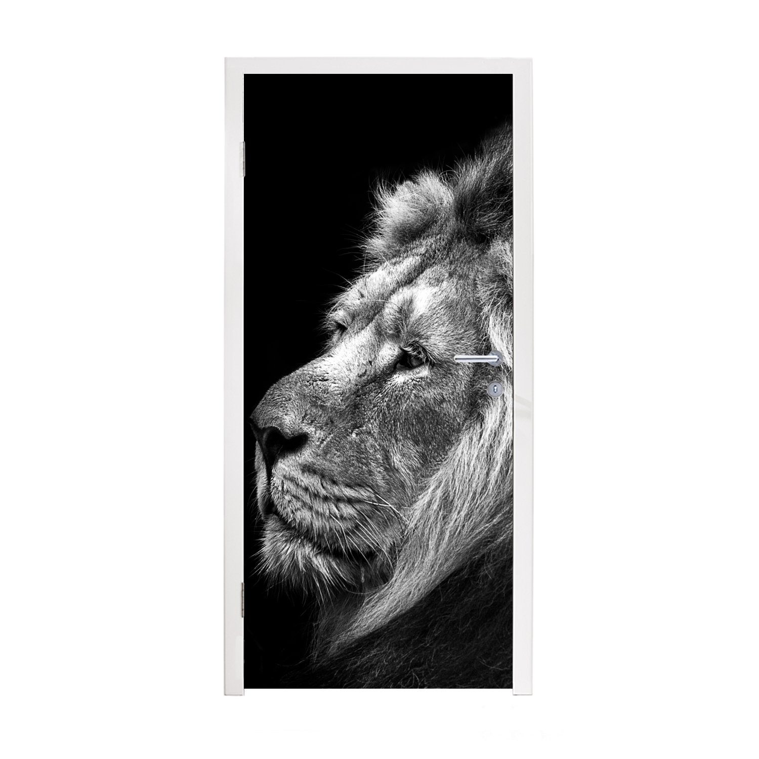 MuchoWow Türtapete Löwe vor schwarzem Hintergrund in schwarz und weiß, Matt, bedruckt, (1 St), Selbstklebende Tapete, Folie für Möbel, 75x205 cm