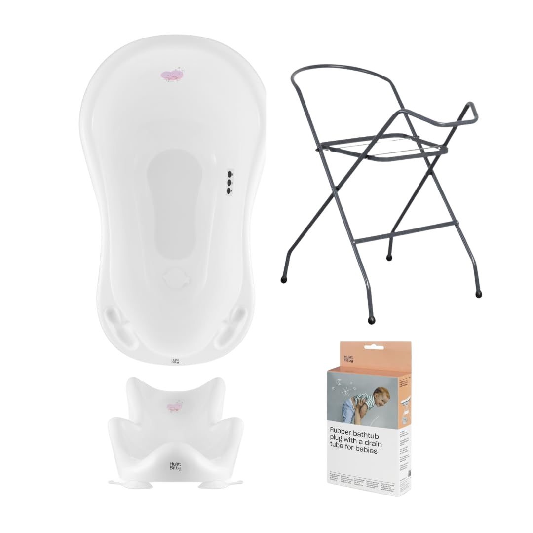 Thumbnail - Hylat Baby Babybadewanne Babywanne, Sitz, Ständer, Abfluss – Weiß, (4-teiliges SET)