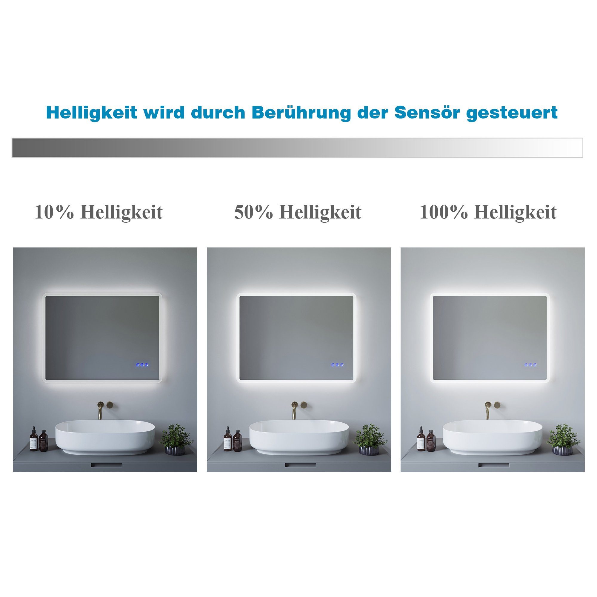 Badspiegel mit Kaltweiß Energiesparend und Spiegel Badspiegel 3000K, & Touch-Schalter horizontal LED Beleuchtung, mit 80x60cm 6400K AQUALAVOS Warmweiß vertikal