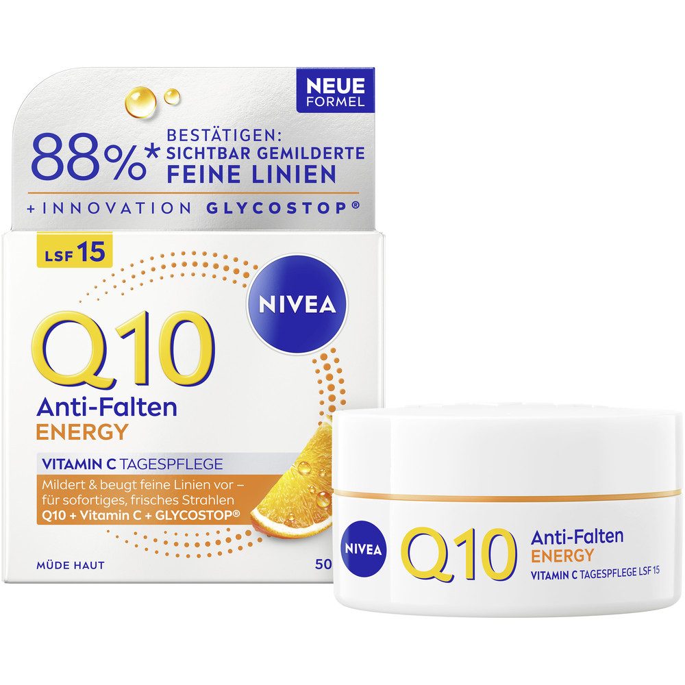 Nivea Tagescreme Q10 ANTI-FALTEN ENERGY VITAMIN C TAGEPFLEGE LSF 15, mit Q10, Creme-Textur, 24 Stunden Feuchtigkeit, LSF 15