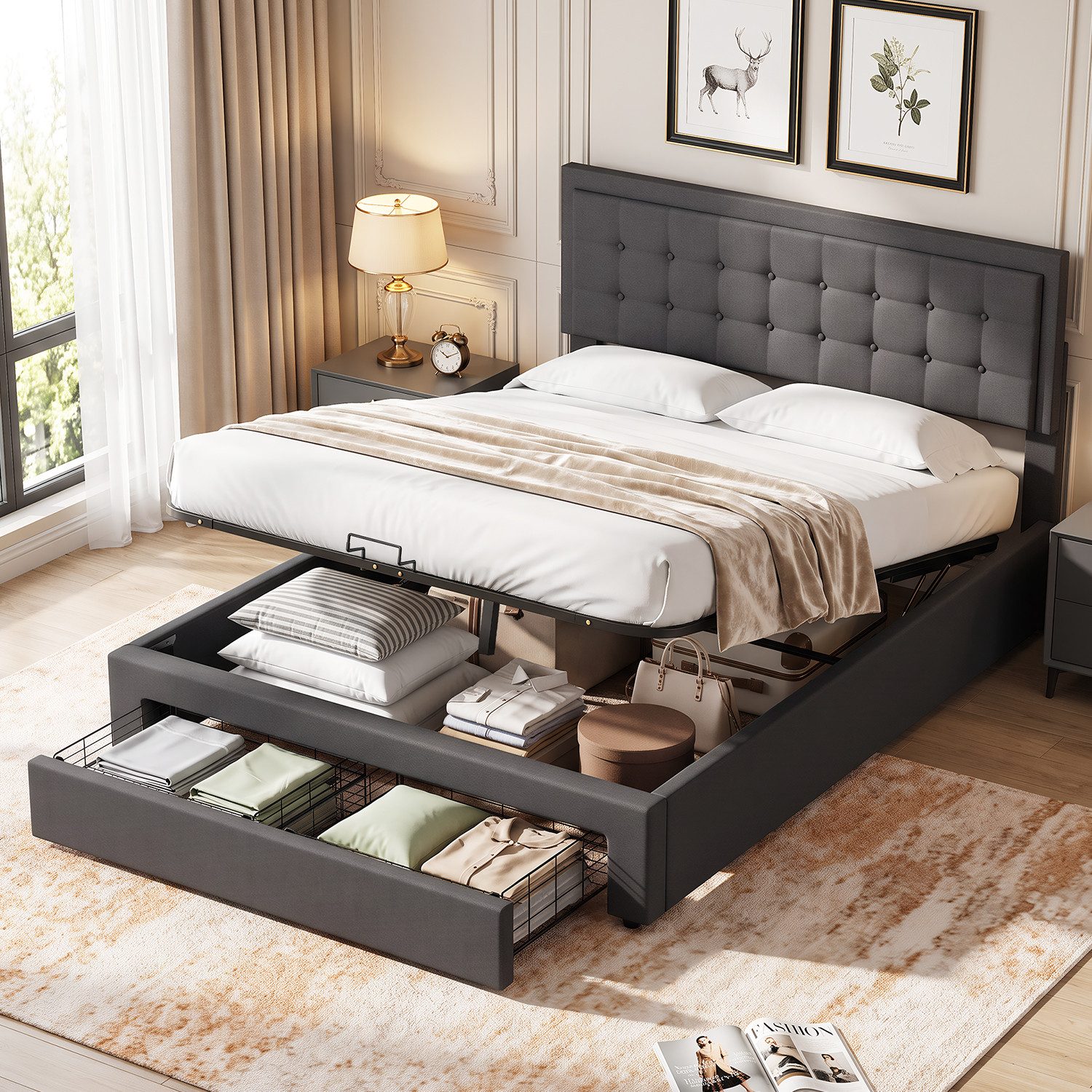 oyajia Polsterbett Doppelbett Polsterbett 140x200cm, Luftdruck anhebbarer Stauraumbett (Leinenmaterial Polsterbett mit Lattenrost und verstellbares gepolstertes Kopfteil), Modernes Jugendbett, Leises Design, Einfach zu montieren und stabil
