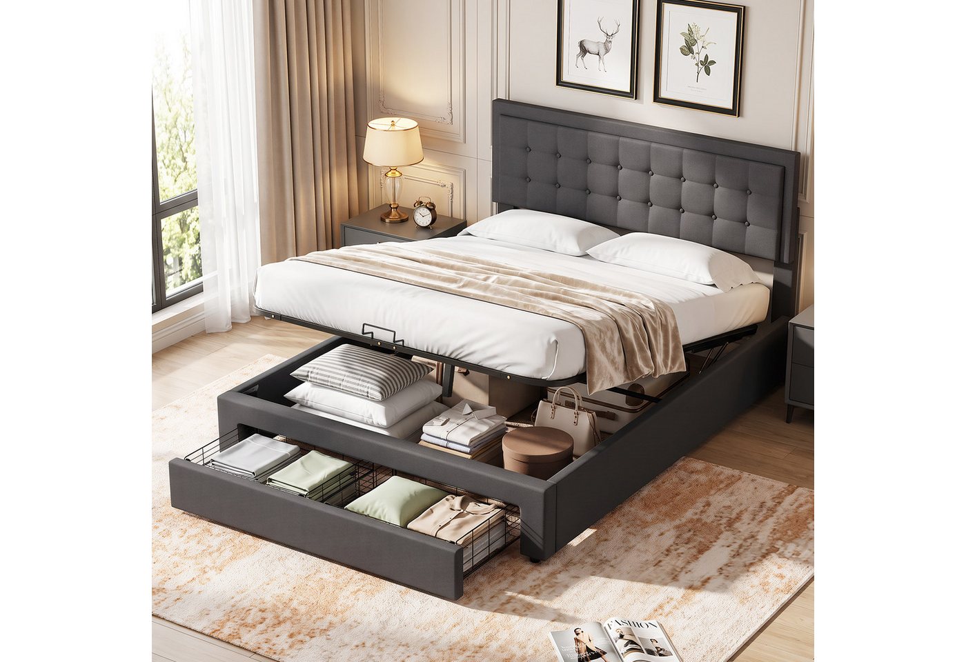oyajia Polsterbett Doppelbett Polsterbett 140x200cm, Luftdruck anhebbarer Stauraumbett (Leinenmaterial Polsterbett mit Lattenrost und verstellbares gepolstertes Kopfteil), Modernes Jugendbett, Leises Design, Einfach zu montieren und stabil