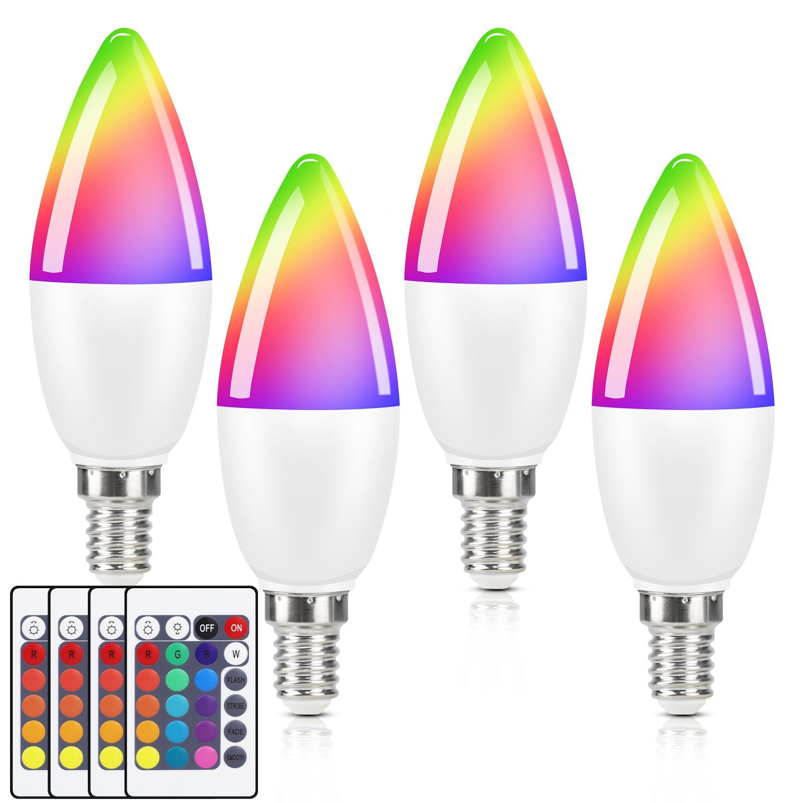Nettlife LED-Leuchtmittel 4W RGB LED Smart Farbwechsel Birne Dimmbar mit Fernbedienung 2/4/6er, E14, 4 St., Warmweiß, Coloured Bulb 16 Colours 4 Dynamic Modes Enegiesparende