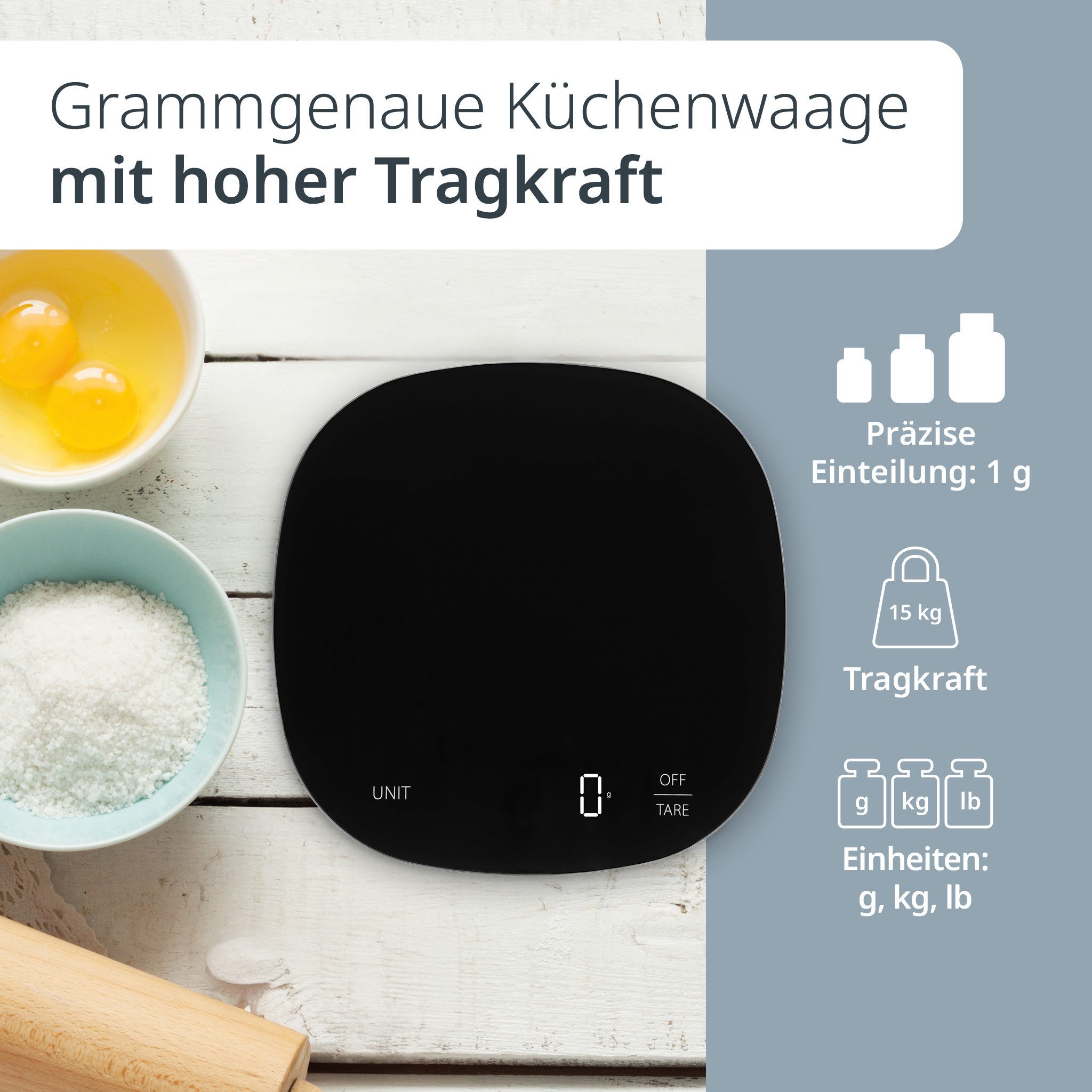 ADE Küchenwaage digital, Koch- und Backwaage bis 15 kg, grammgenau, Digitalwaage mit Glasfläche, Tara-Funktion, inkl. AAA Batterien