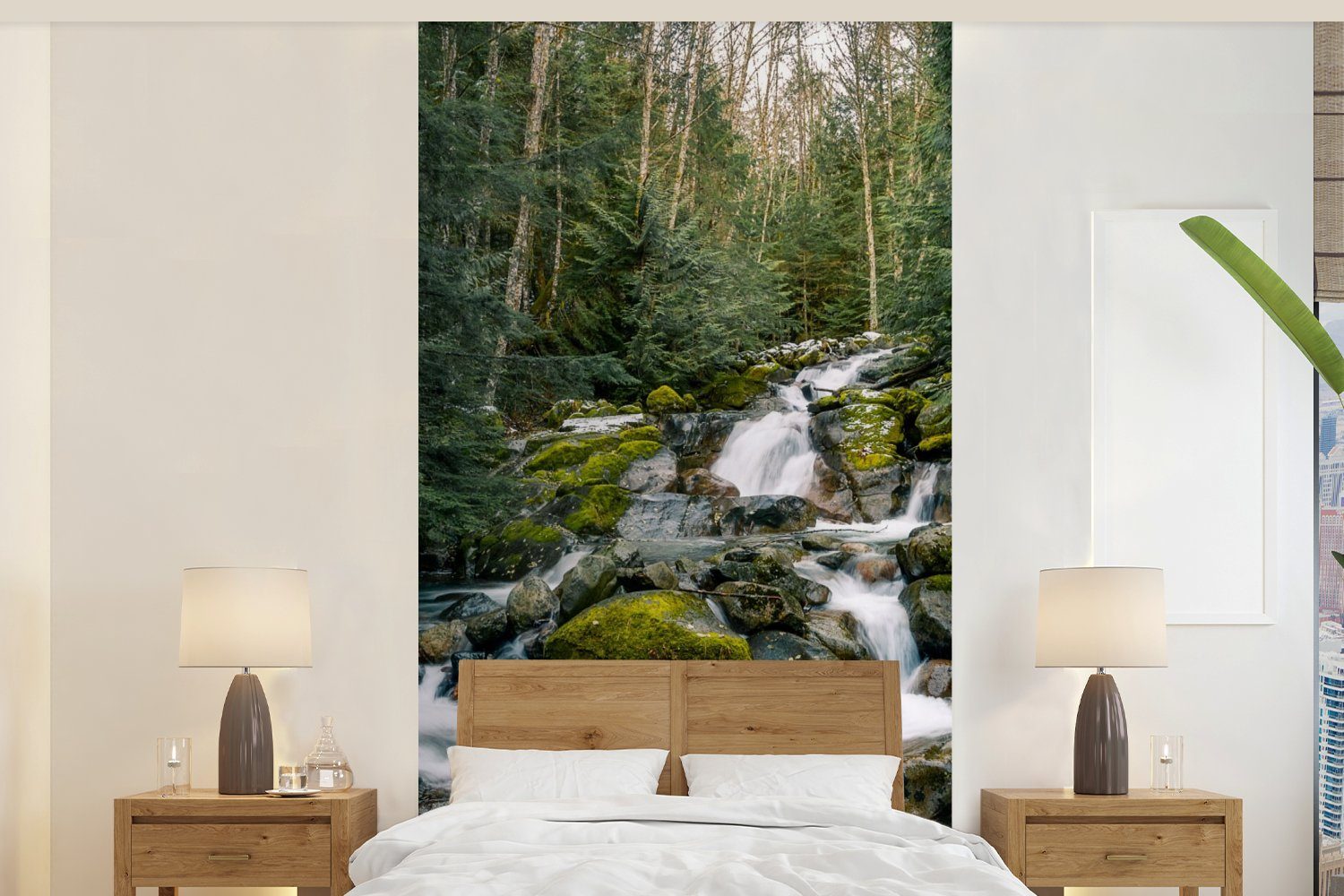 MuchoWow Fototapete Natur - Wasserfall - Bäume - Herbst, Matt, bedruckt, (2 St), Vliestapete für Wohnzimmer Schlafzimmer Küche, Fototapete