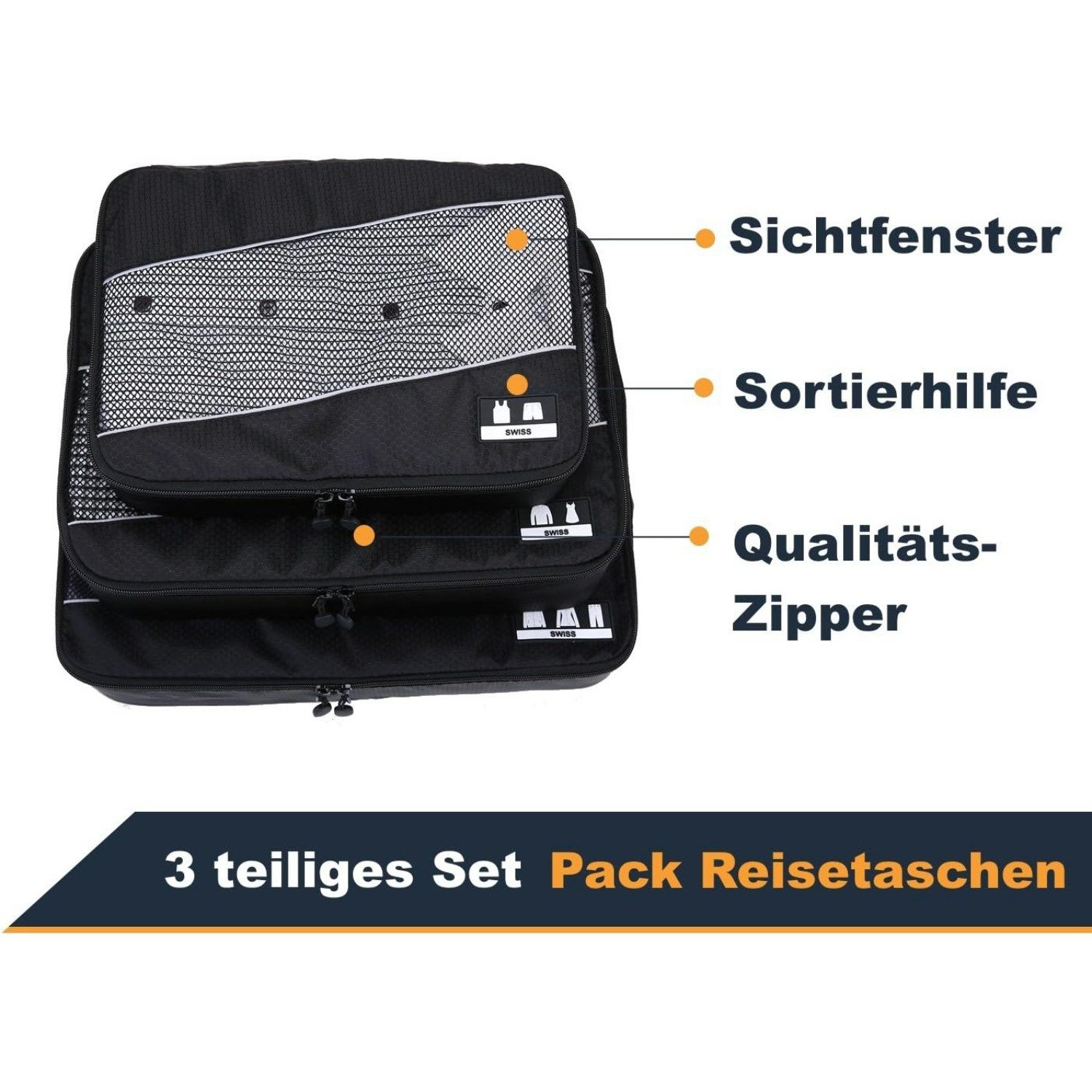 L.A. Sports Kofferorganizer Set / Packwürfel (3-er Pack), mit Sichtfenster aus Netzgewebe