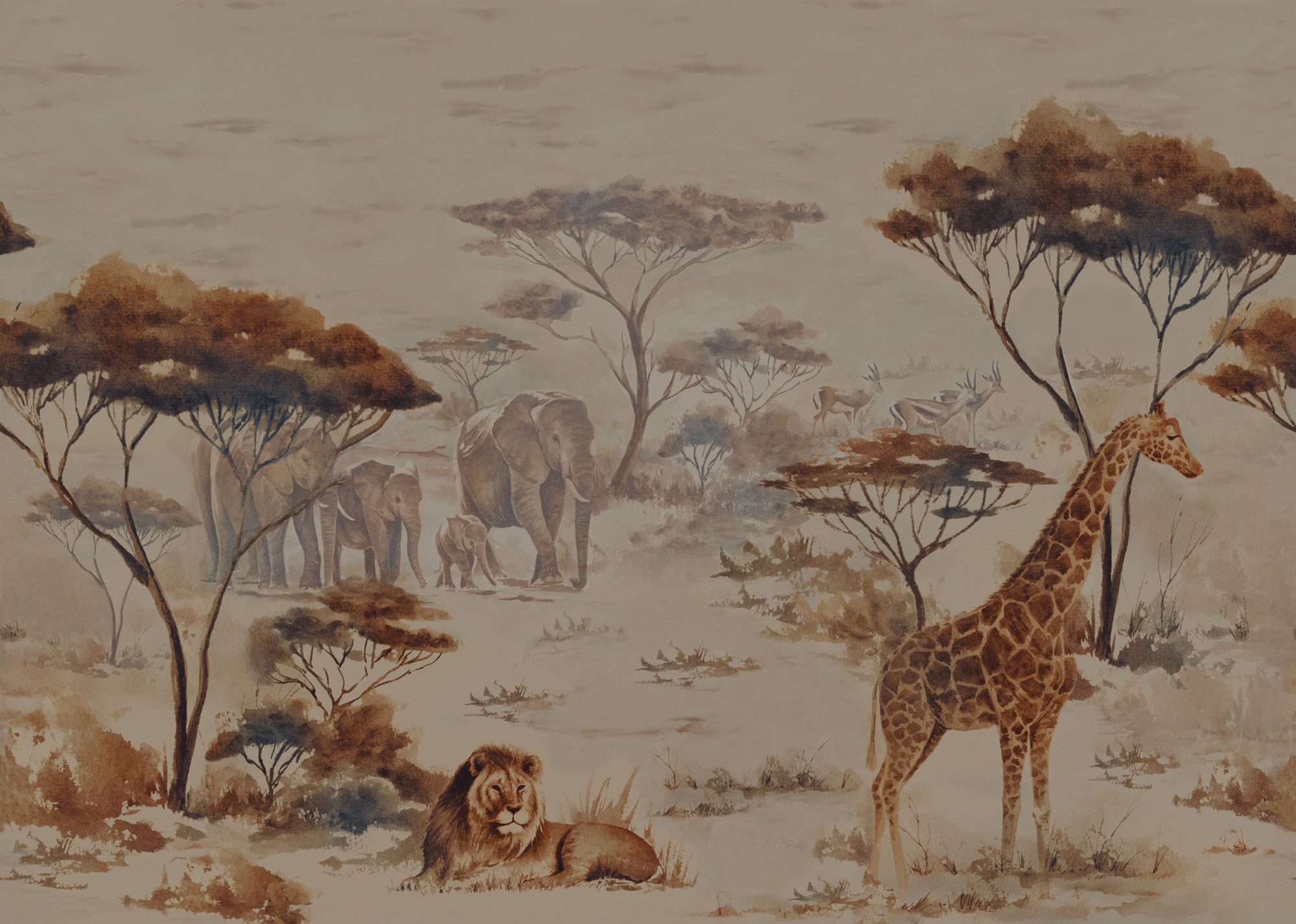 Rasch Fototapete Safaritiere - Zebra, Elefant, Giraffe & Löwe - Vliestapete Braun, bedruckt, (1 Rolle, 1 St., Kollektion 'African Queen III' - 2,65 m x 3,71 m), Lichtbeständige Farben - Feucht abwischbar - Restlost abziehbar