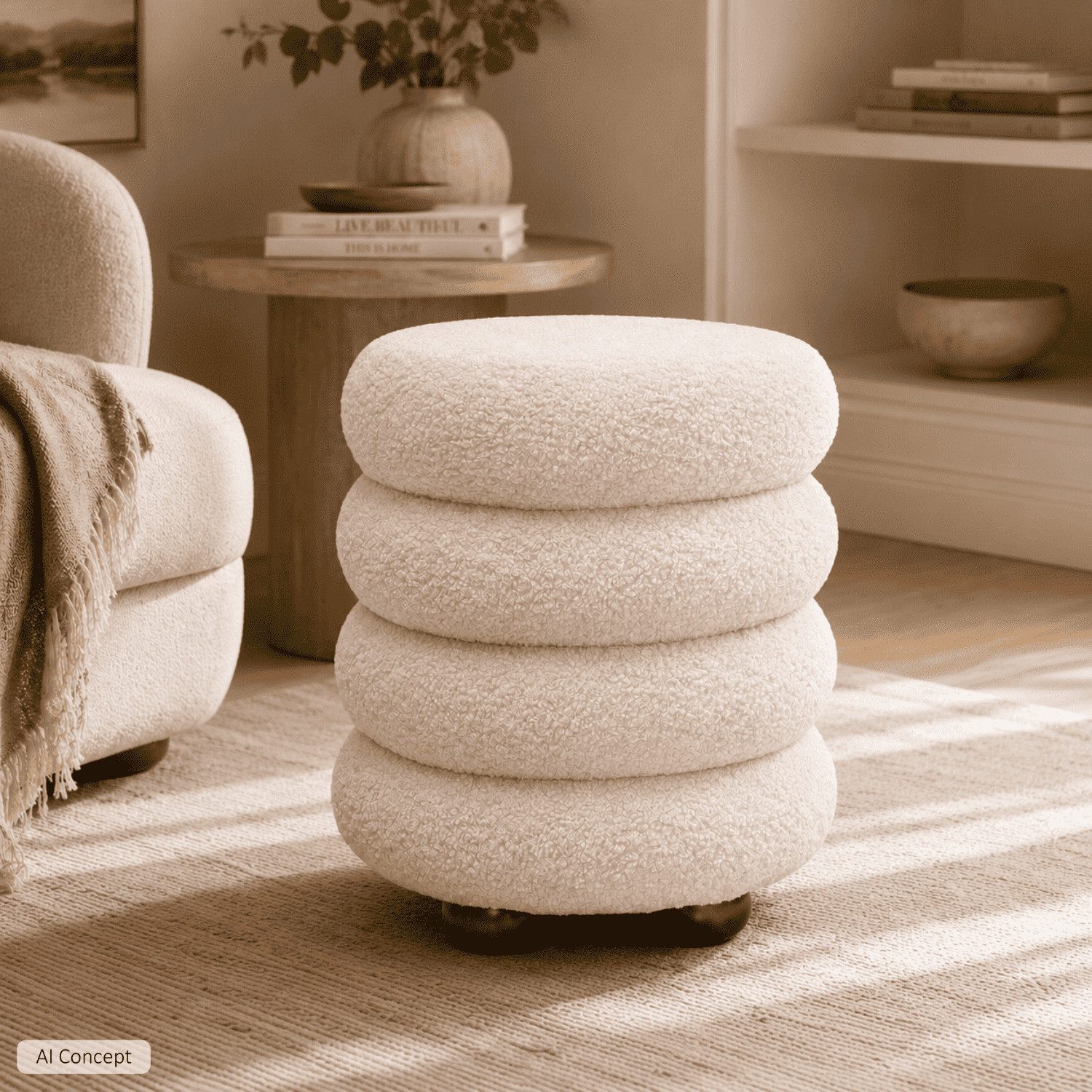 Lookway Hocker NOLLIE aus Bouclé-Stoff mit dekorativer Segmentoptik (1x Hocker), Durchmesser: ⌀ 34 cm – Bild 2 von 5