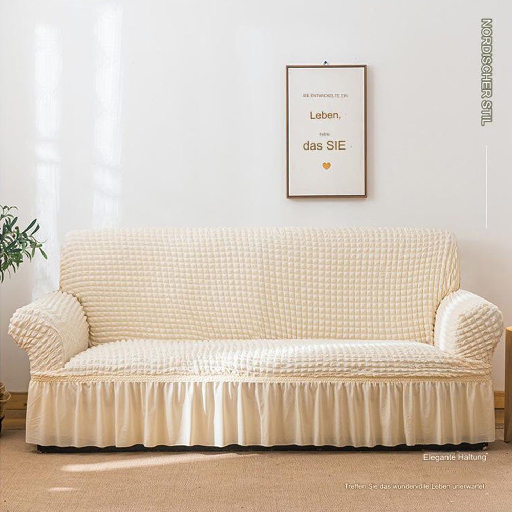 FELIXLEO Seersucker Wachsweiß Sofahusse Sofaschutz Stretchstoff 190-230cm,