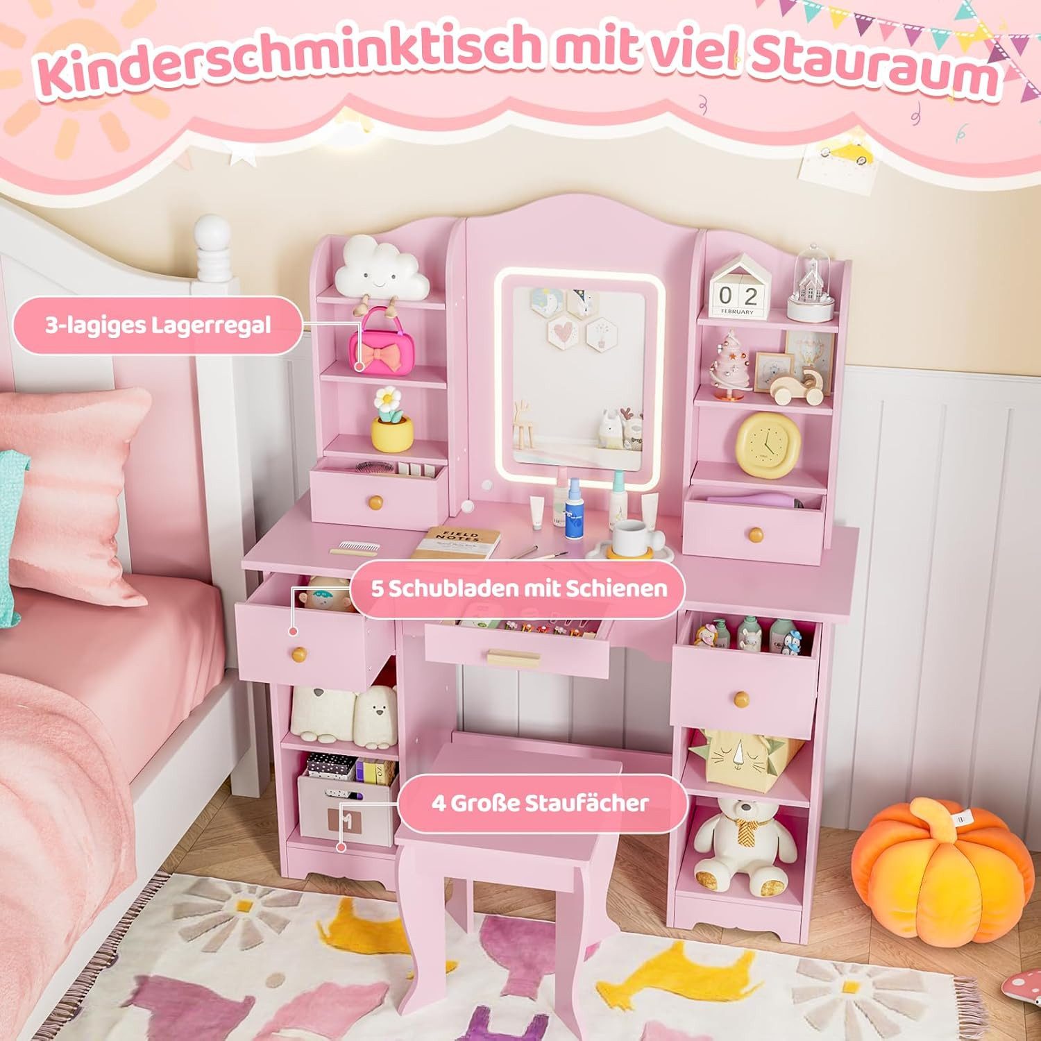 TLGREEN Schminktisch LED-beleuchteter Schminktisch für Mädchen mit Spiegel (Kinderschminktisch, 95cm großer Stauraum Schreibtisch Kinder, 5 Schubladen Spieltisc – Bild 4 von 5