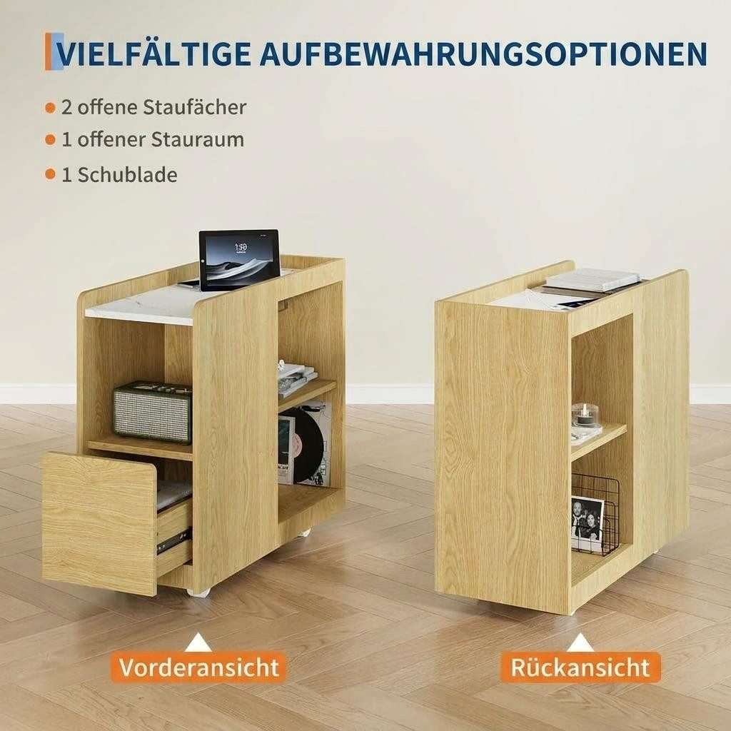 GarveeMore Beistelltisch Mit Ladestation Nachttisch mit Schublade Und Rollen,2 Steckdosen, USB Und USBc-Anschluss,Höhenverstellbarem Einlegeboden,Feststellrolle – Bild 5 von 5