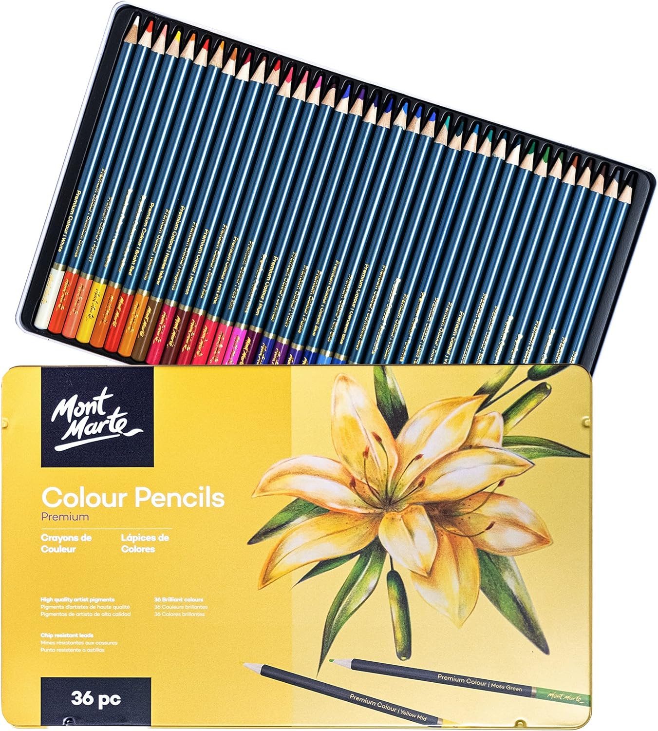 Mont Marte Buntstift Set 36 Farben – Künstler Farbstifte weich & hochpigmentiert, Mal- und Zeichenstifte in Metallbox – Perfekt für Anfänger & Profis