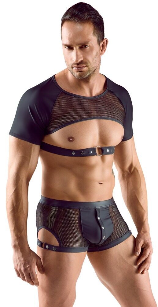 Svenjoyment Kurzarmshirt Brust- und bauchfreies Shirt mit Netz - schwarz (1-tlg) Stylischer Mattlook mit Netzeinsatz