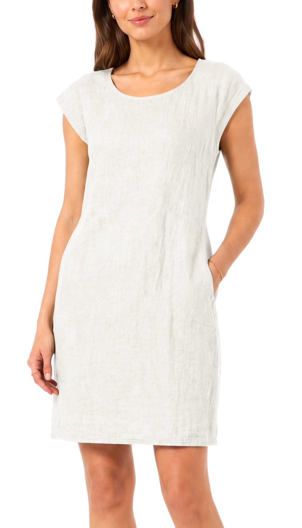 dy_mode Midikleid Einfarbiges Damen Leinenkleid Sommerkleid Kurzarm Midi Kleid in Unifarbe, mit Eingriffstaschen, leicht taillierte Passform