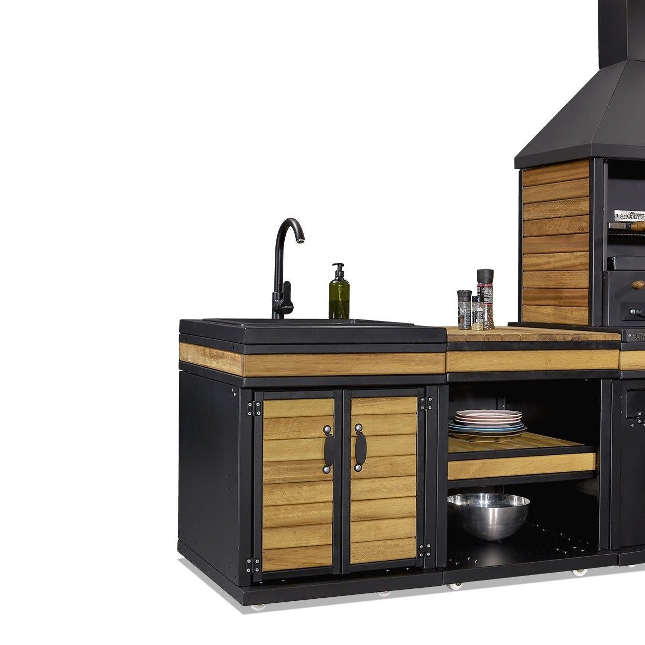 Xlmoebel Outdoor-Küche XLMOEBEL Außenküche Schwarz Holz Edelstahl modern robust, Made in Europa
