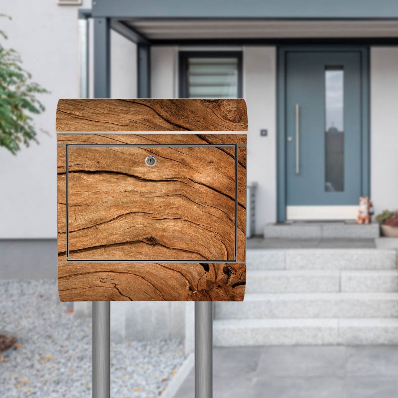 banjado Standbriefkasten Edelstahl Trockenes Holz (Standbriefkasten Trockenes Holz, mit Zeitungsfach), 126 x 53 x 17cm