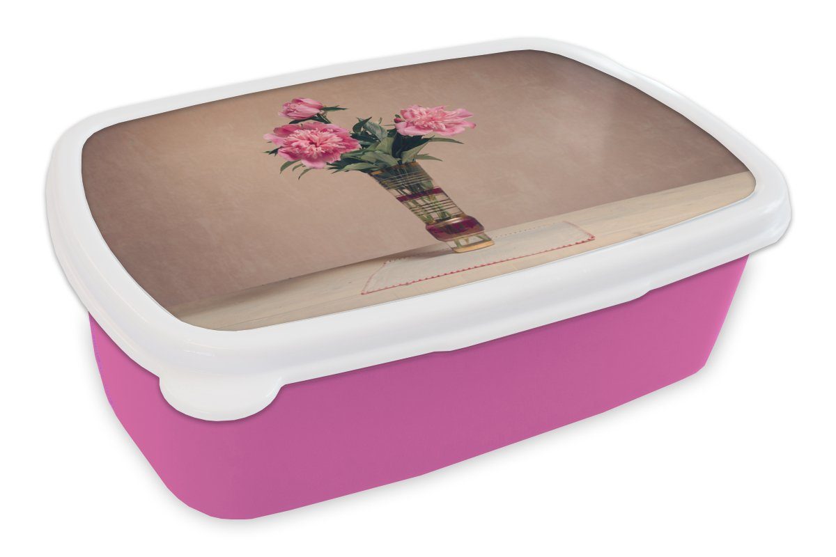 Snackbox, für Erwachsene, - MuchoWow (2-tlg), Brotbox Brotdose rosa Kinder, Mädchen, Kunststoff, - Kunststoff Pfingstrosen Lunchbox Stilleben, Retro