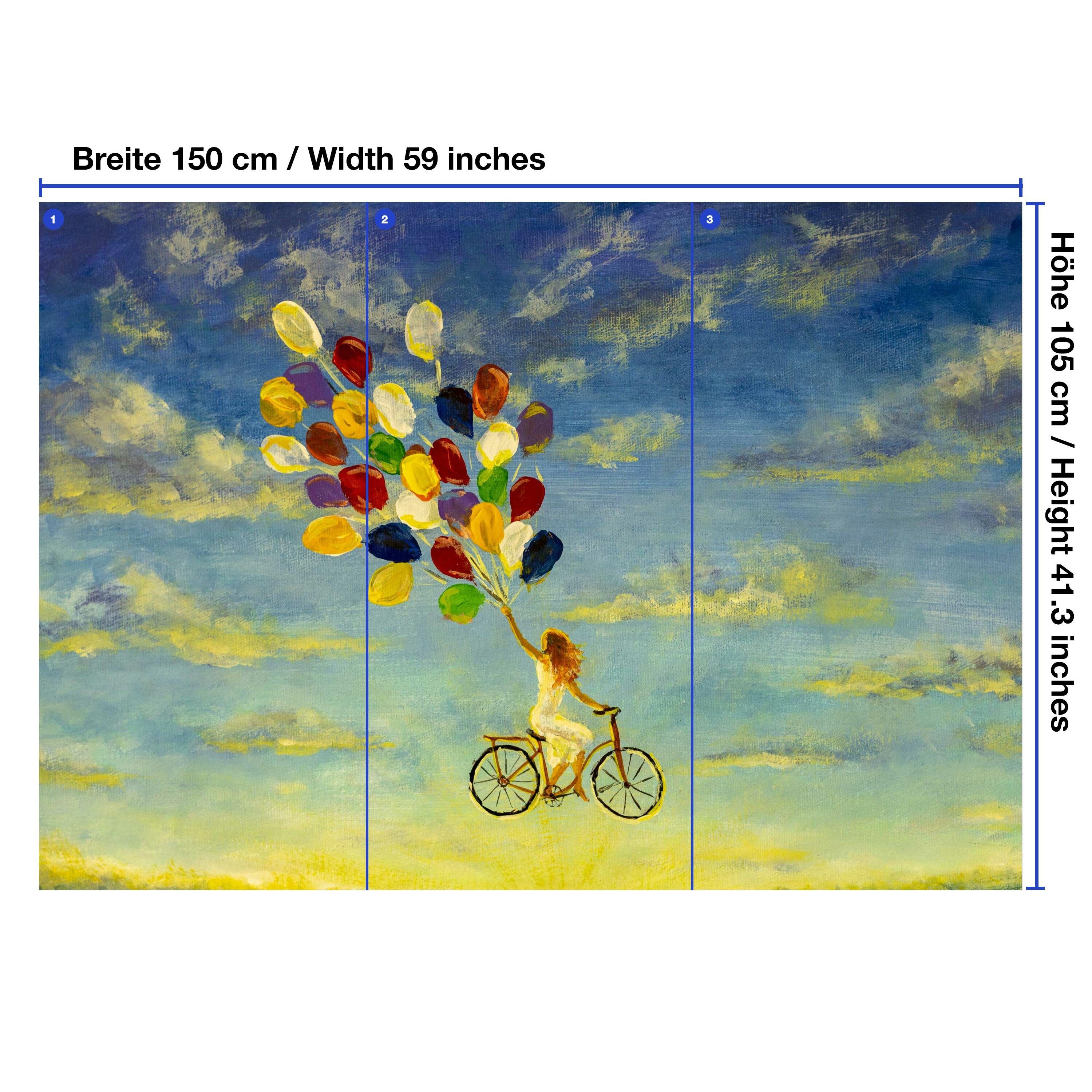 Gemälde Fototapete Motivtapete, Fahrrad, wandmotiv24 Vliestapete Luftballons glatt, Frau matt, Wandtapete, mit auf