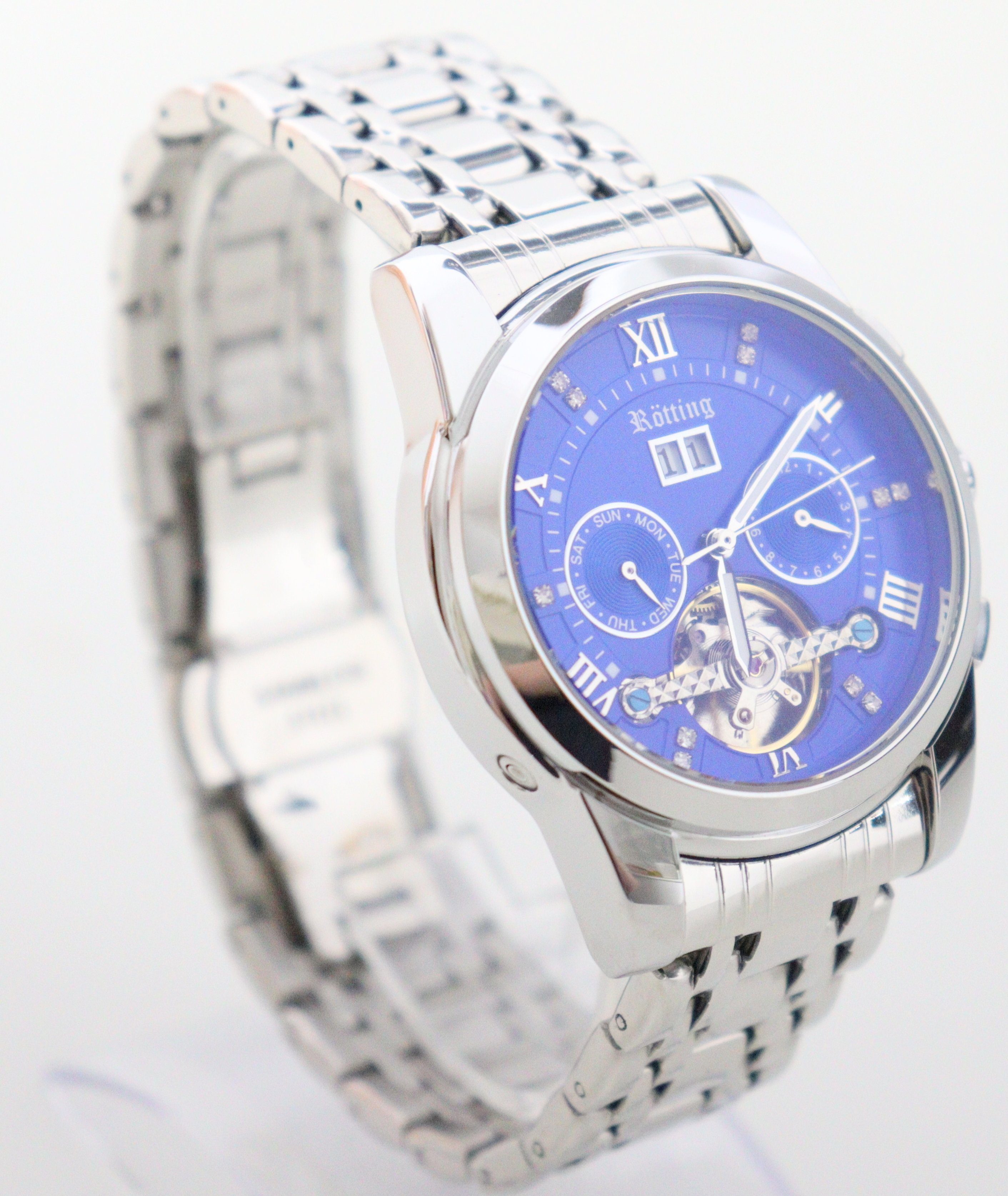 Rötting Design Automatikuhr Herrenuhr blaues Ziffernblatt DATUM Umfang 18 bis 24 cm wählbar, Automatik Armbanduhr