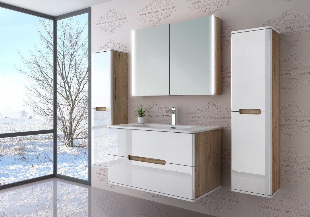 Homeline Badezimmer-Set Badezimmer Möbel Badmöbel Set Eiche/Weiß Hochglanz günstig online kaufen