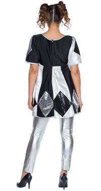 Karneval-Klamotten Clown-Kostüm Glitzer Pierrot Narren Kostüm Damen, Damenkostüm Clownstunika Kleid silber schwarz