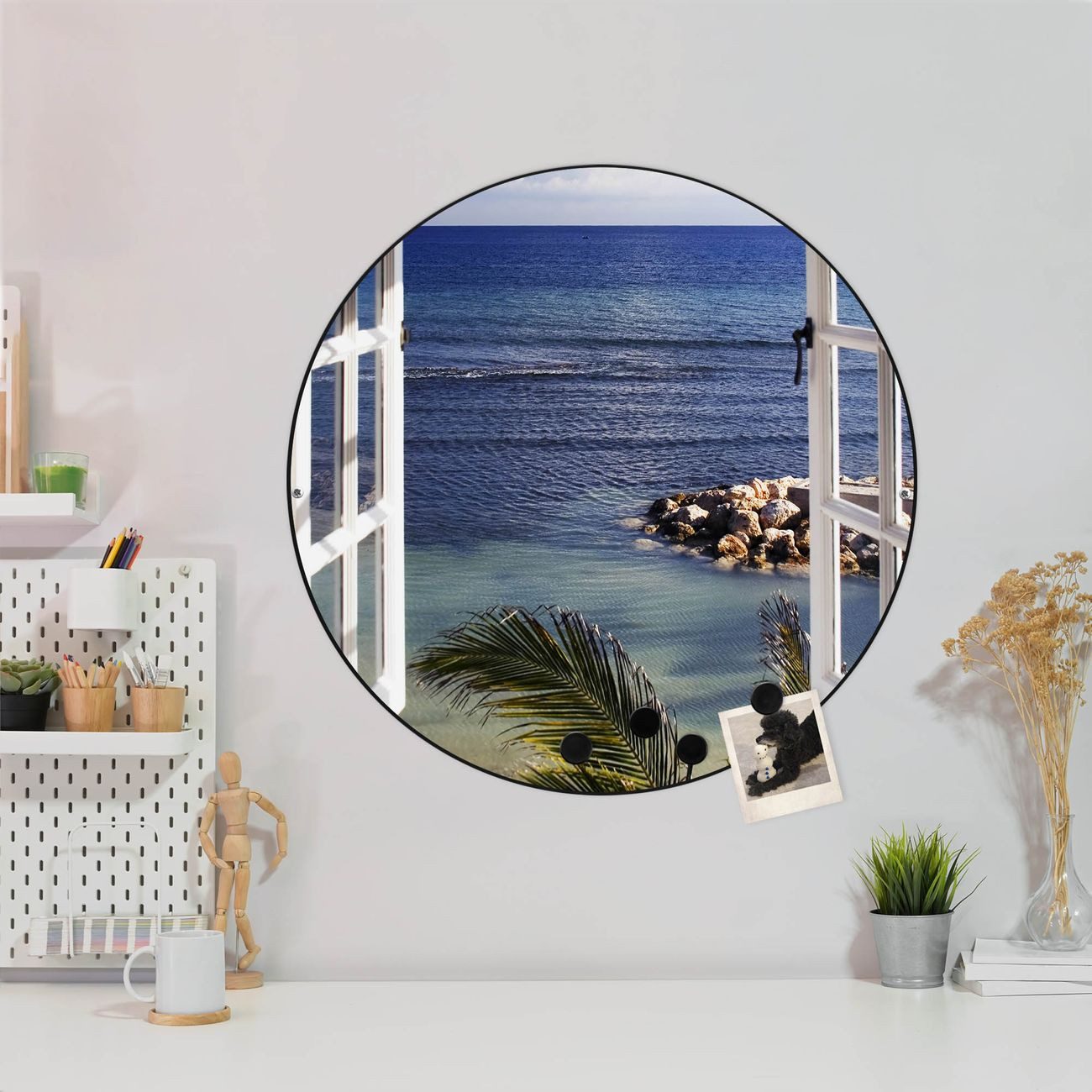 banjado Magnettafel Stahl Rund Fensterpanorama, (inkl. 4 Magnete, Runde Stahlmagnettafel)