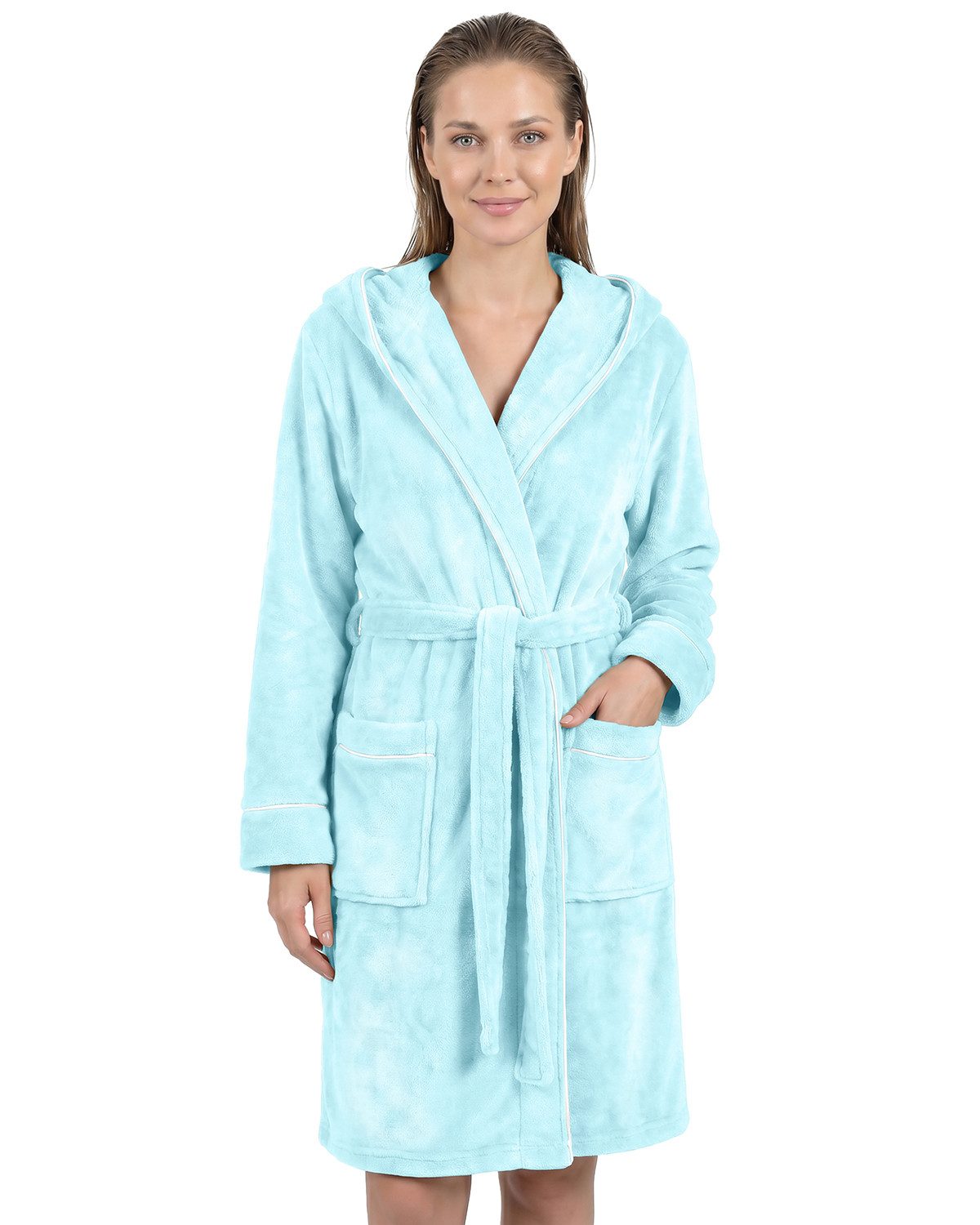 Gräfenstayn Damenbademantel Bademantel Damen flauschig Kapuze Kuschelfleece leicht kurz, warm & kuschelig, Knielang, Fronttaschen, Gürtel, S-XXL