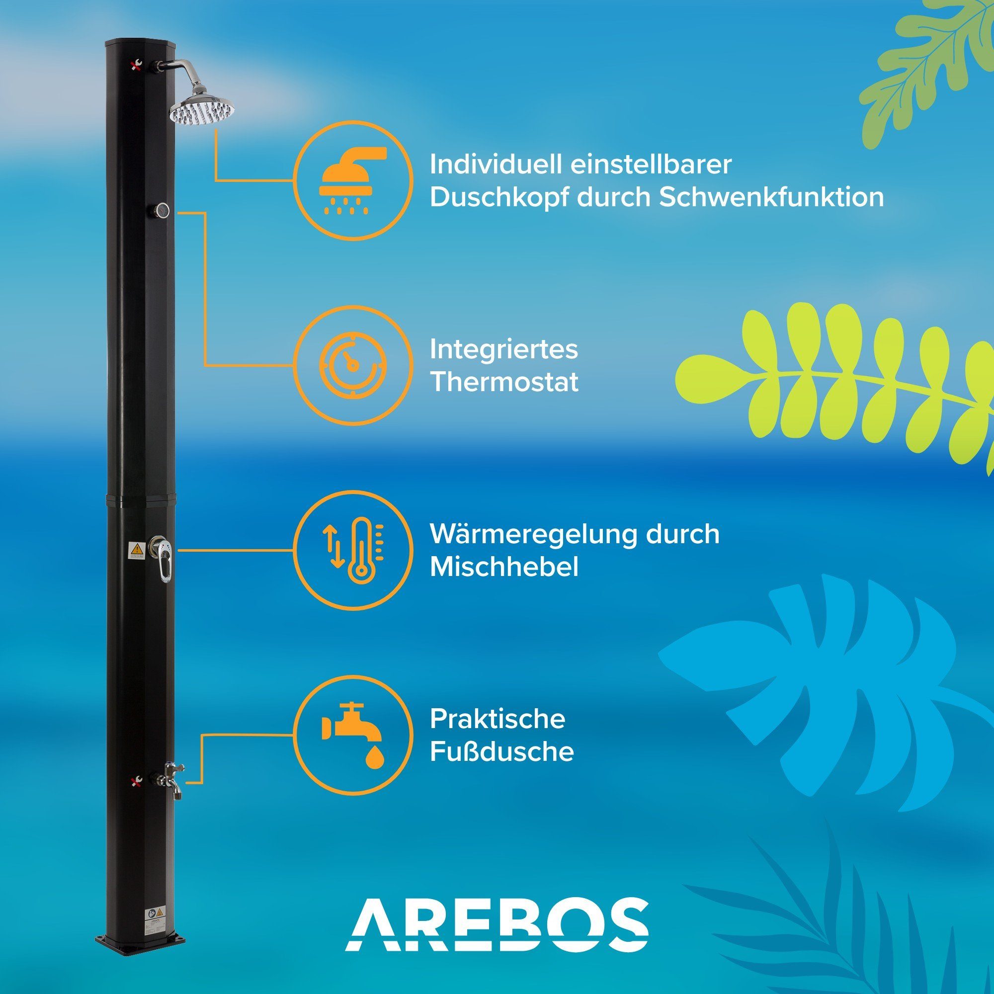 Arebos Solardusche 35 L Solar-Gartendusche mit, Thermometer & Fußdusche (Komplett-Set, Gold/Silber/Schwarz), inkl. Abdeckhaube